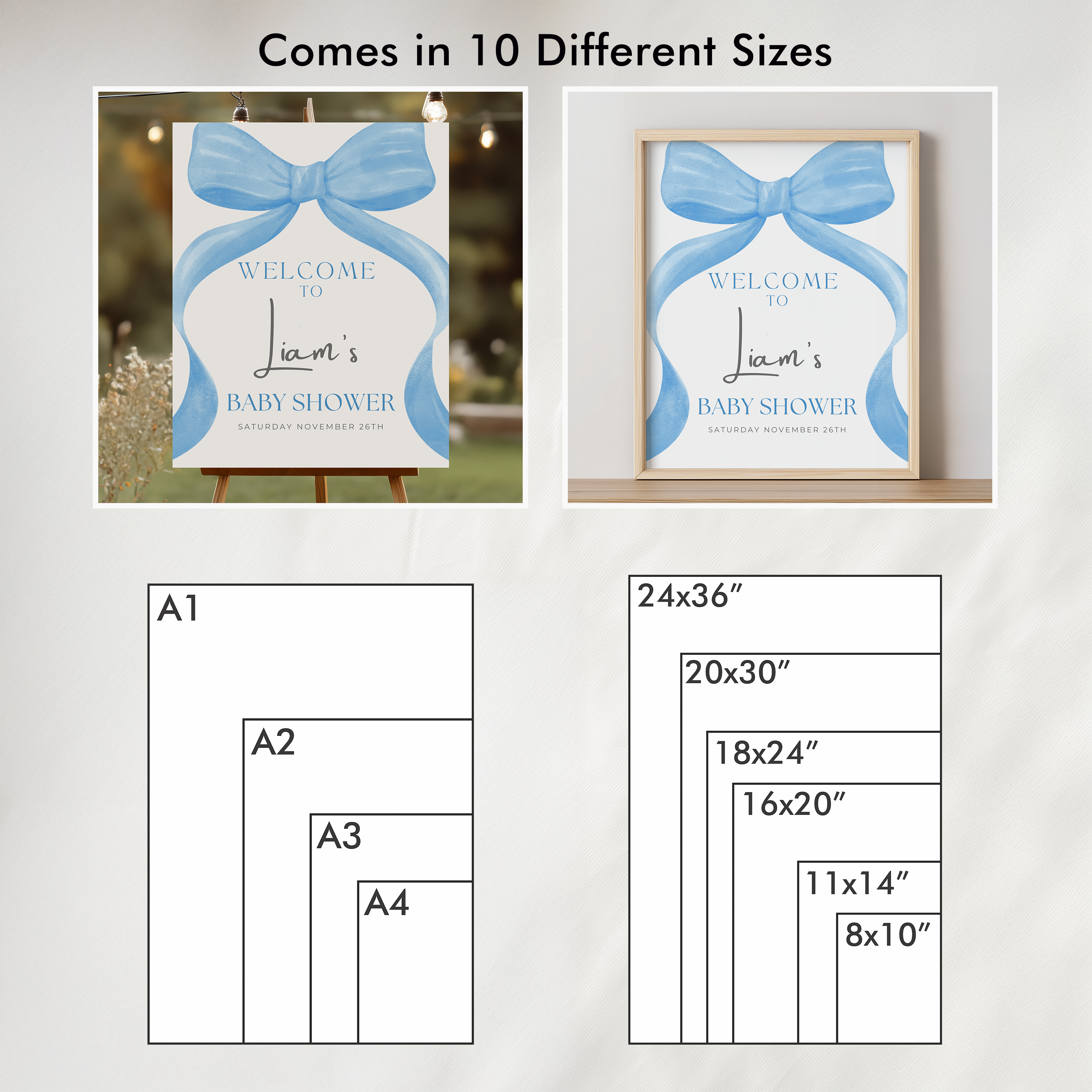 Blue Bow Baby Shower Welcome Sign, Template Party Signs 9304