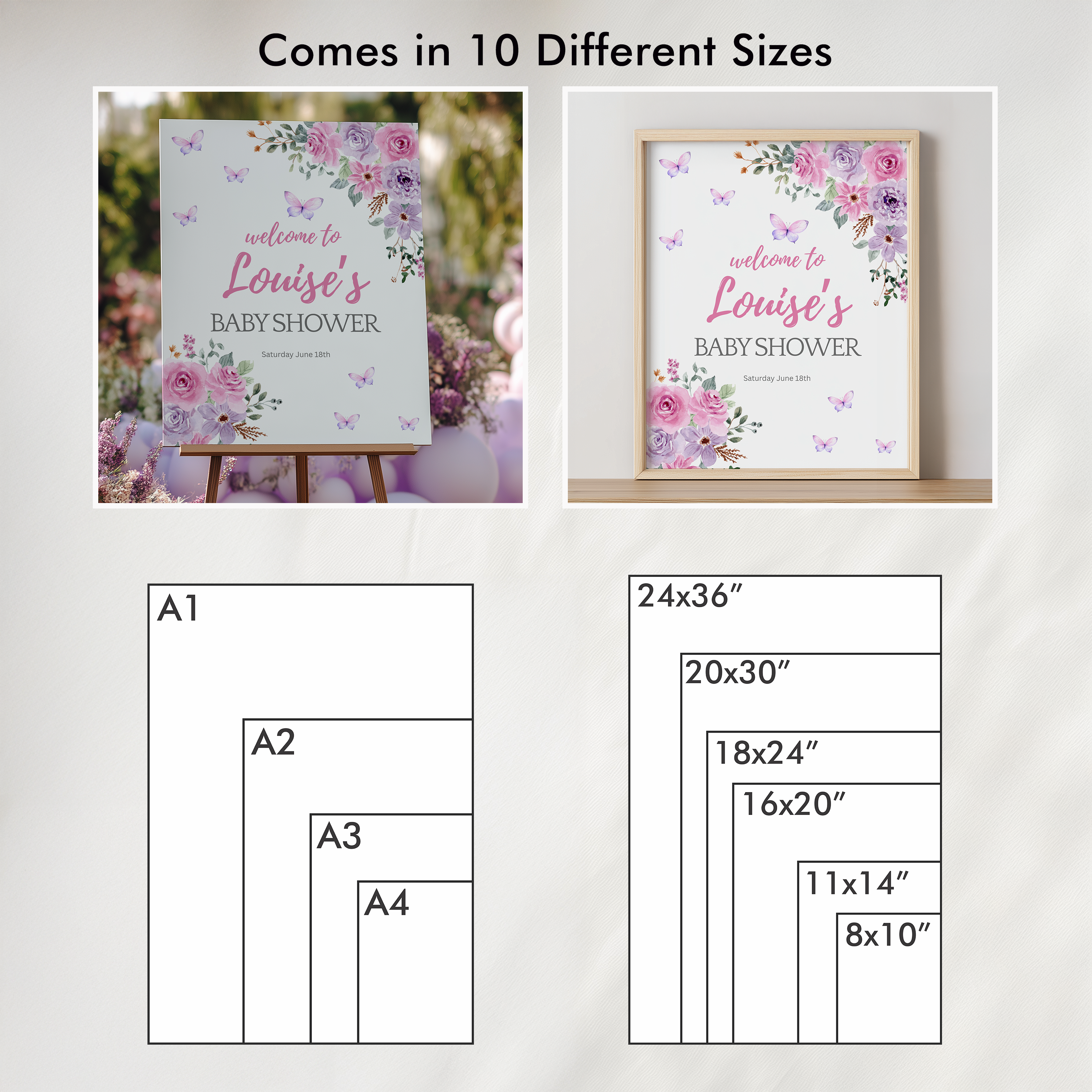 Baby in Bloom Baby Shower Welcome Sign, Pink Purple Flowers Template Party Signs 9196