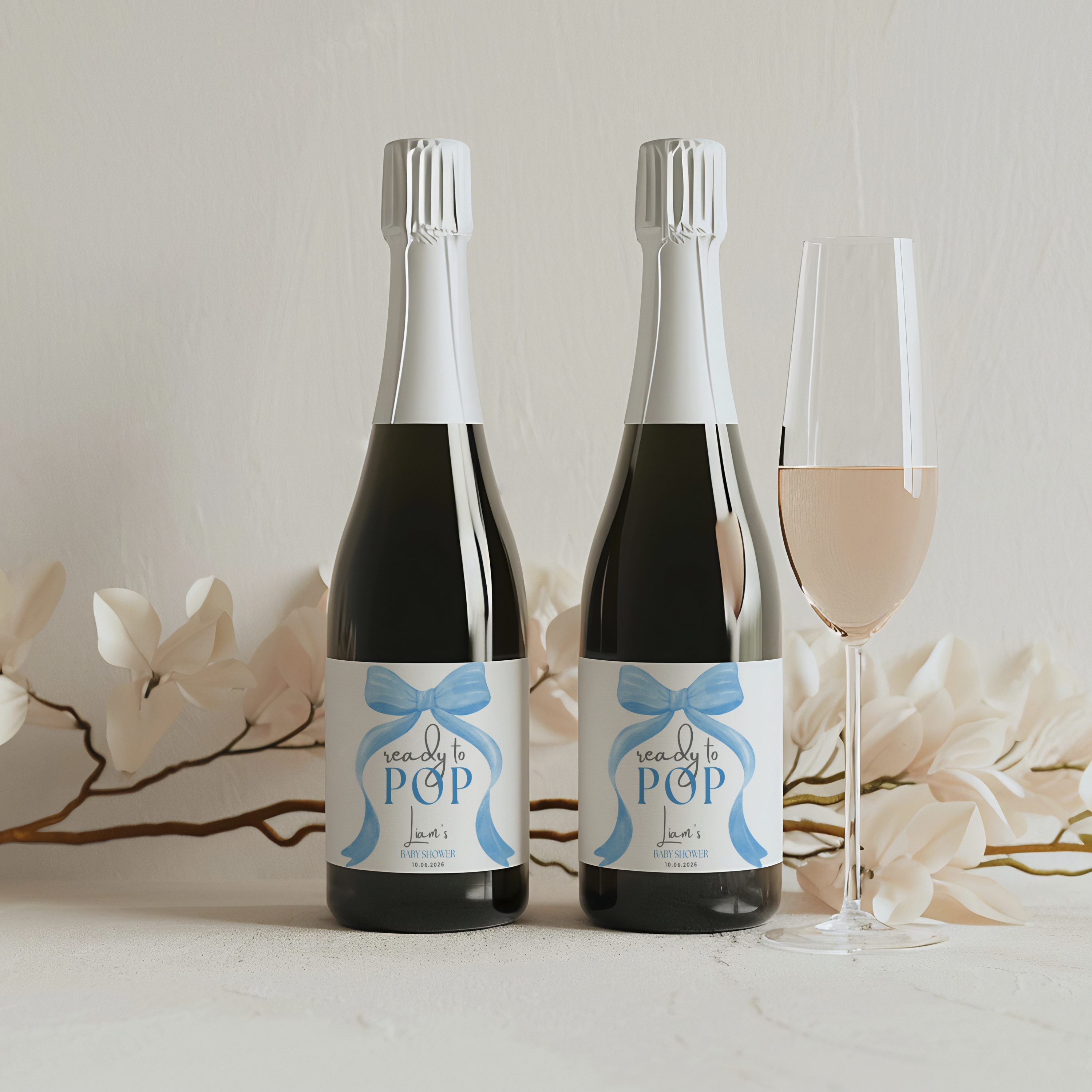 Blue Bow Baby Shower Champagne Labels, Printable Wine Labels 9304