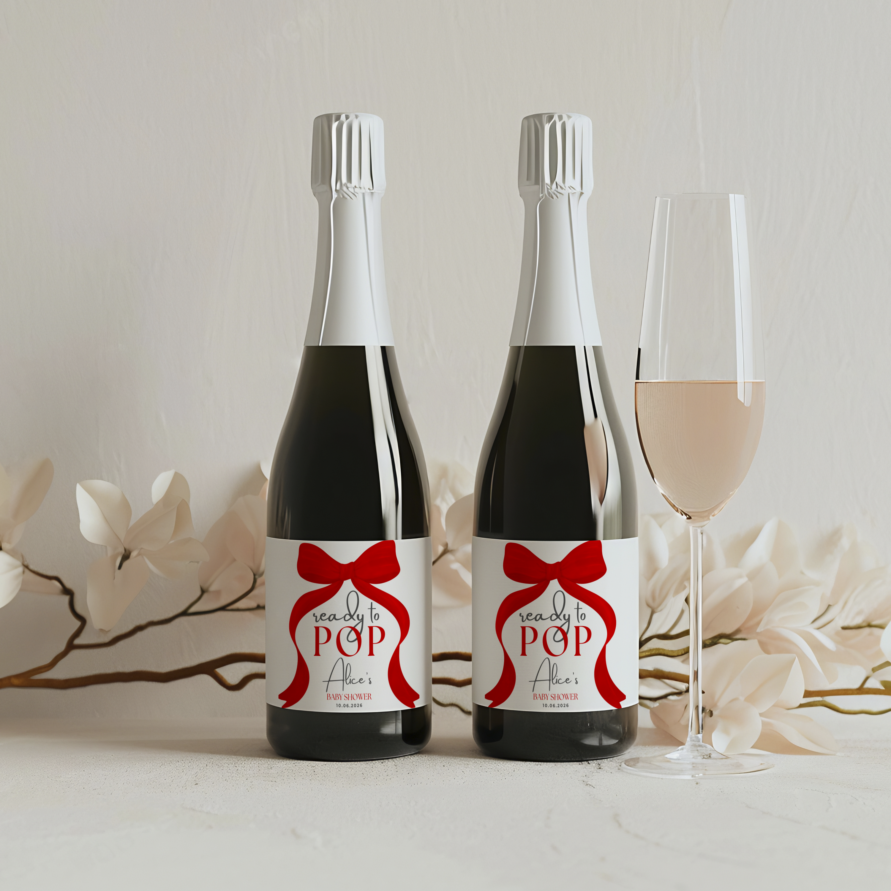 Red Bow Baby Shower Champagne Labels, Gender Neutral, Printable Wine Labels 9301