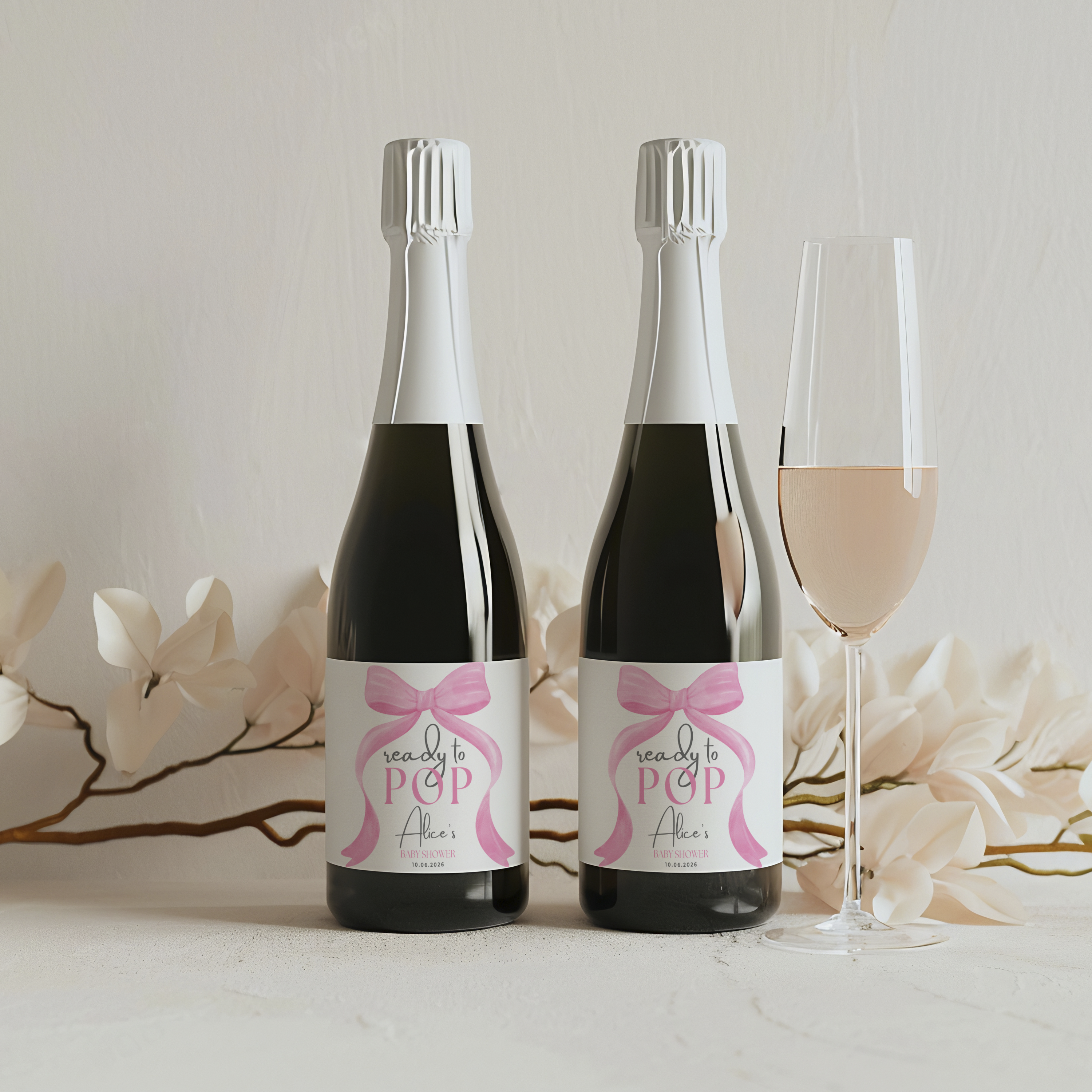 Pink Bow Baby Shower Champagne Labels, Baby Girl, Coquette Printable Wine Labels 9303