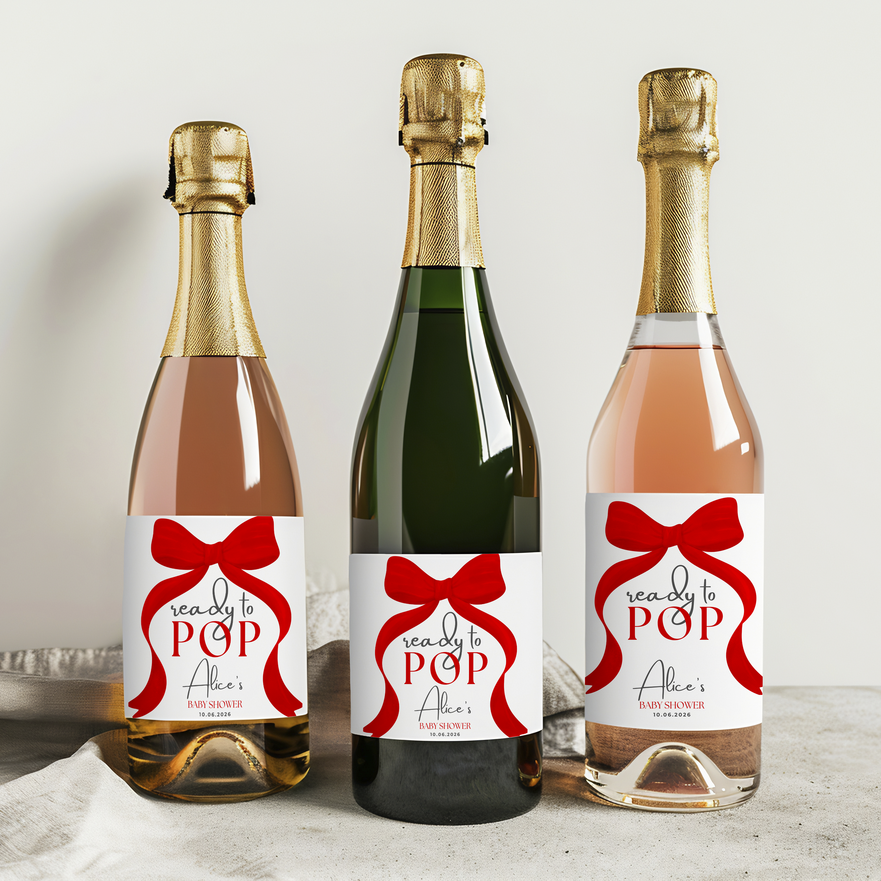 Red Bow Baby Shower Champagne Labels, Gender Neutral, Printable Wine Labels 9301