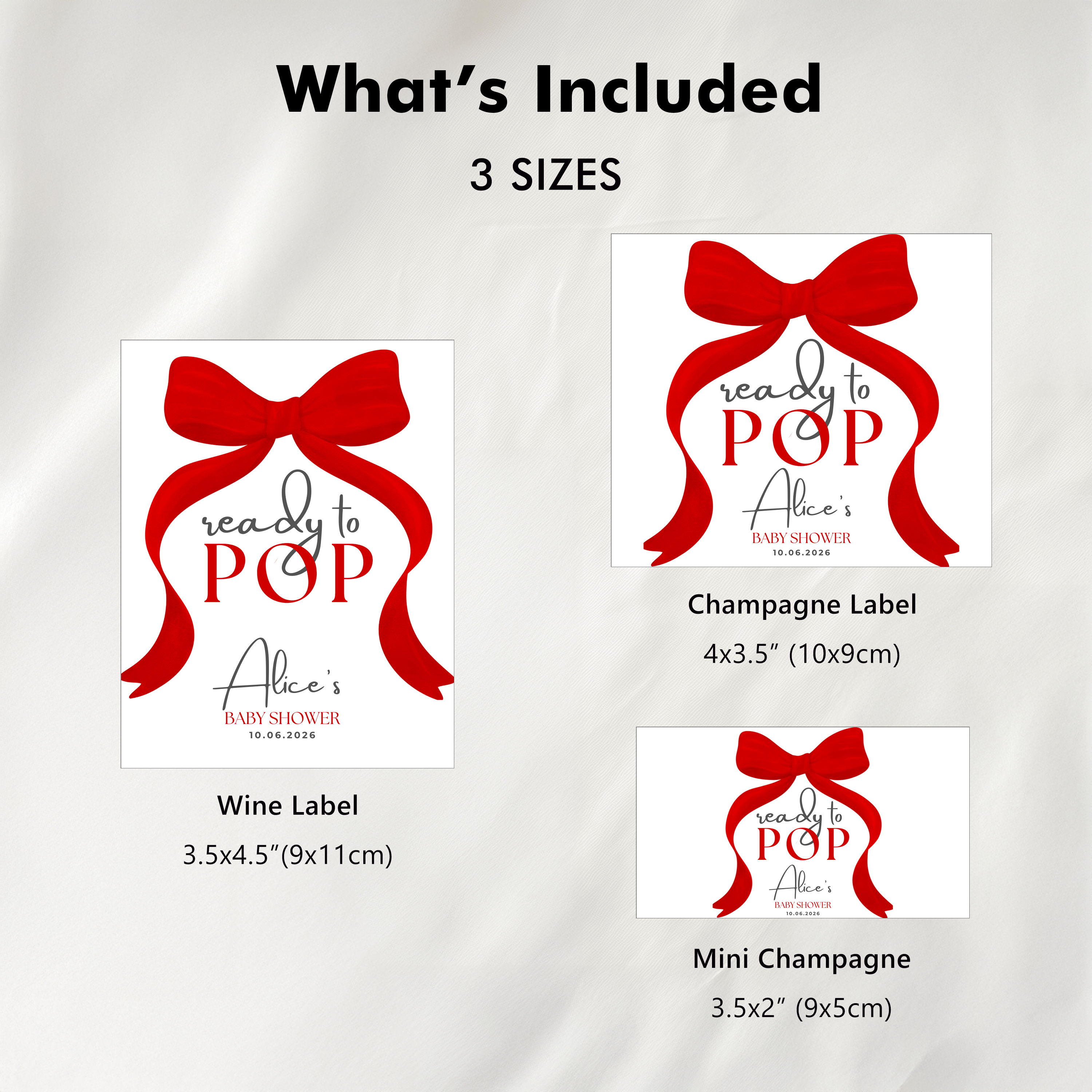 Red Bow Baby Shower Champagne Labels, Gender Neutral, Printable Wine Labels 9301