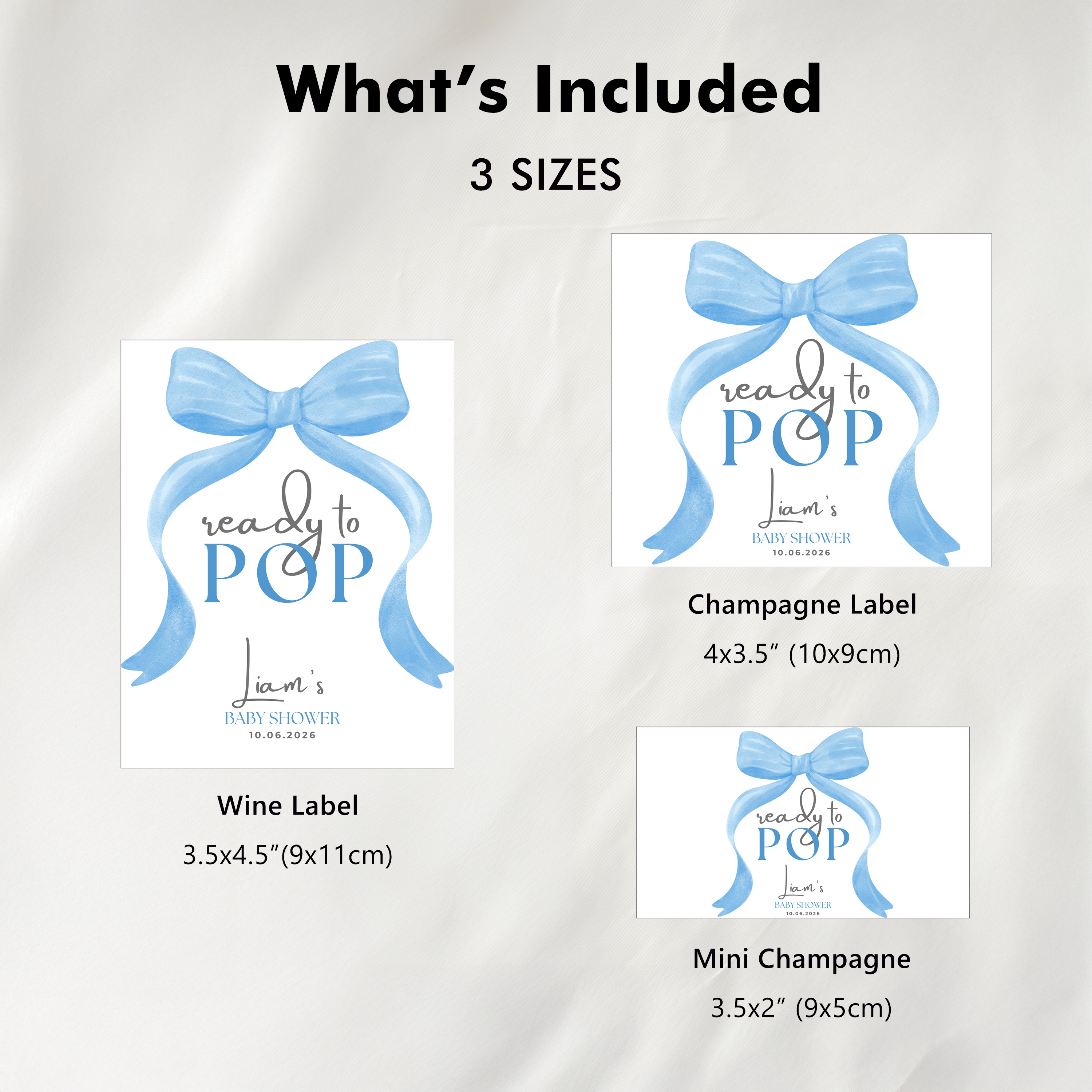 Blue Bow Baby Shower Champagne Labels, Printable Wine Labels 9304