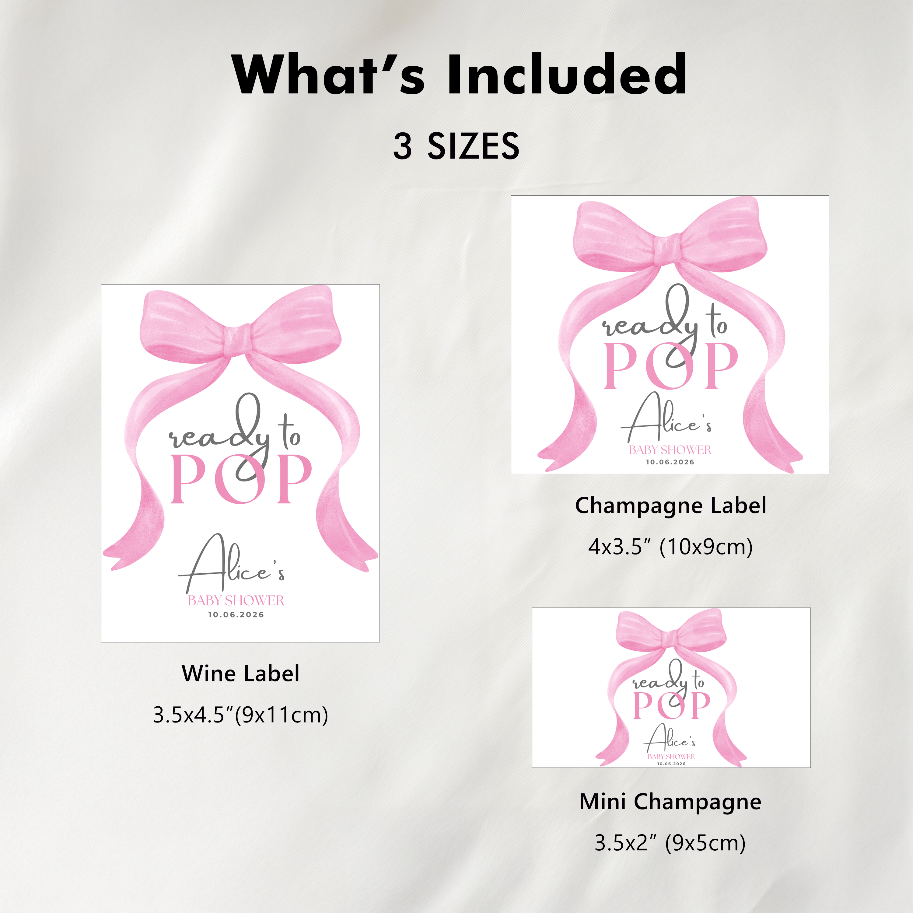 Pink Bow Baby Shower Champagne Labels, Baby Girl, Coquette Printable Wine Labels 9303