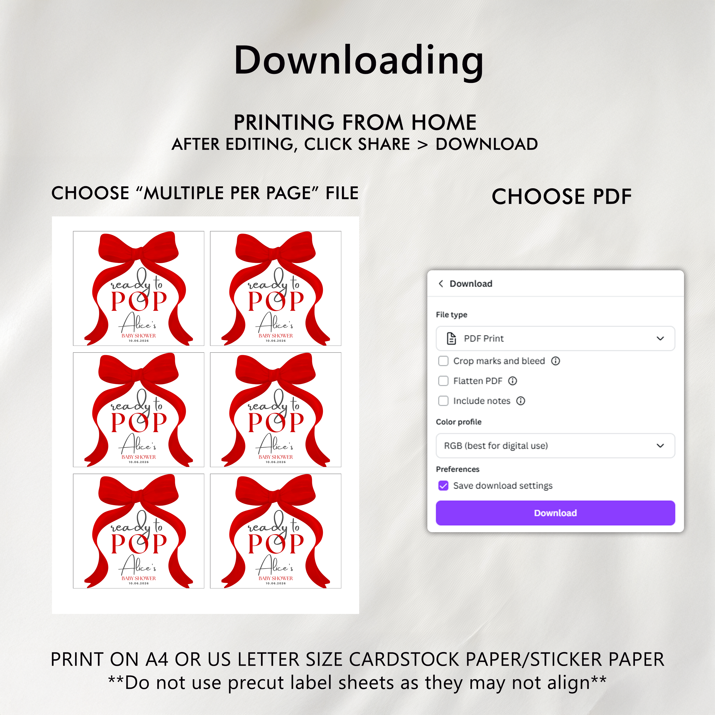 Red Bow Baby Shower Champagne Labels, Gender Neutral, Printable Wine Labels 9301