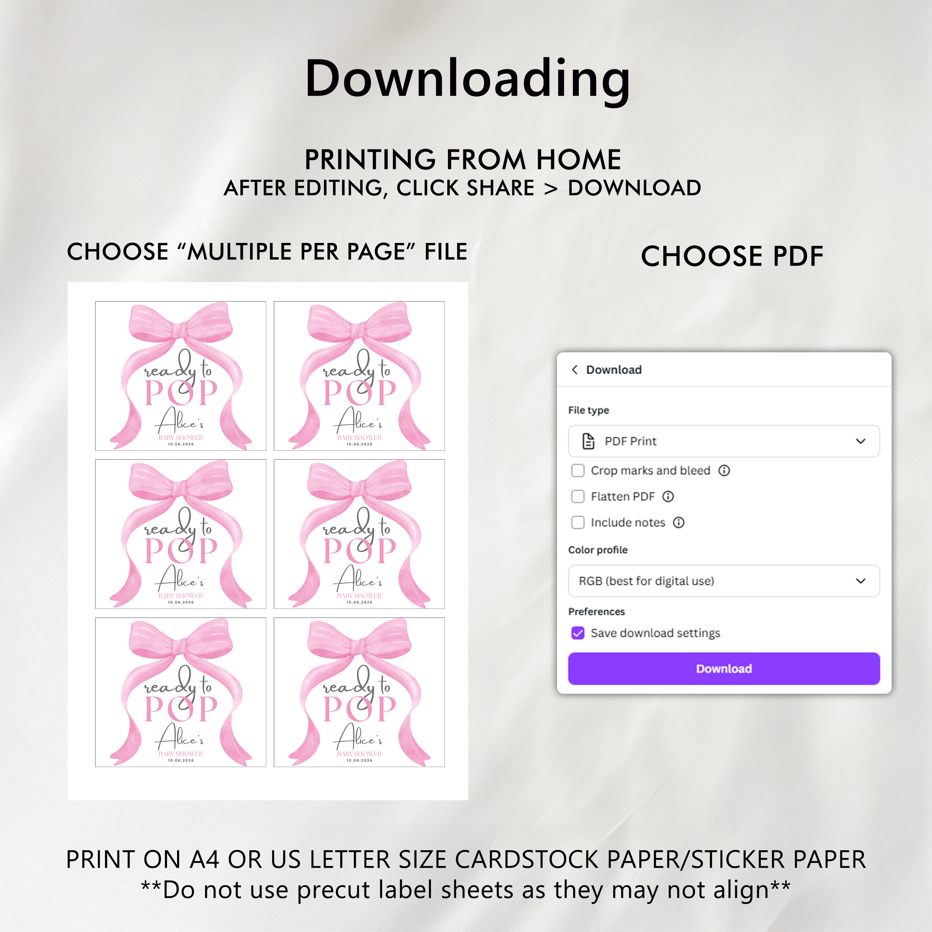 Pink Bow Baby Shower Champagne Labels, Baby Girl, Coquette Printable Wine Labels 9303
