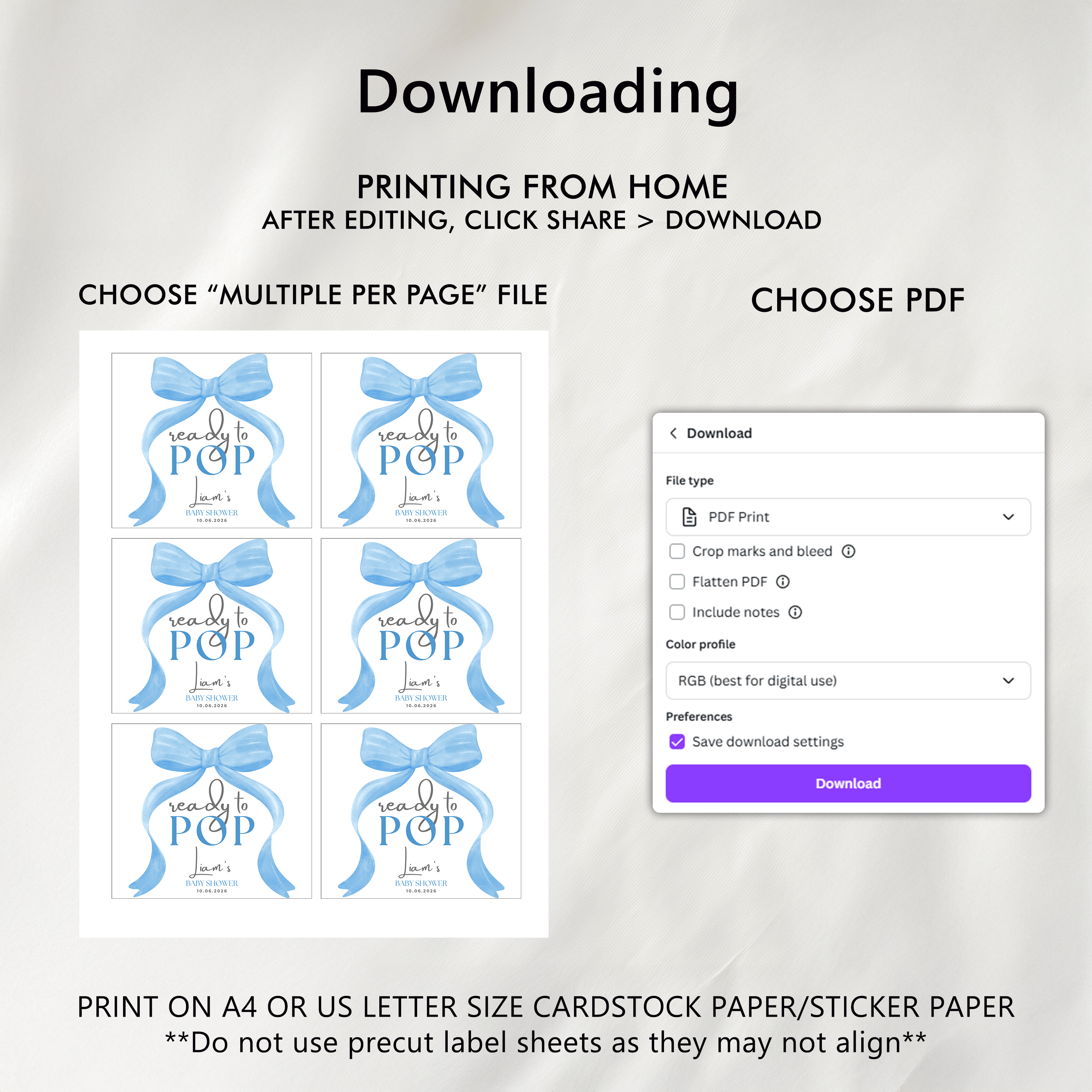 Blue Bow Baby Shower Champagne Labels, Printable Wine Labels 9304