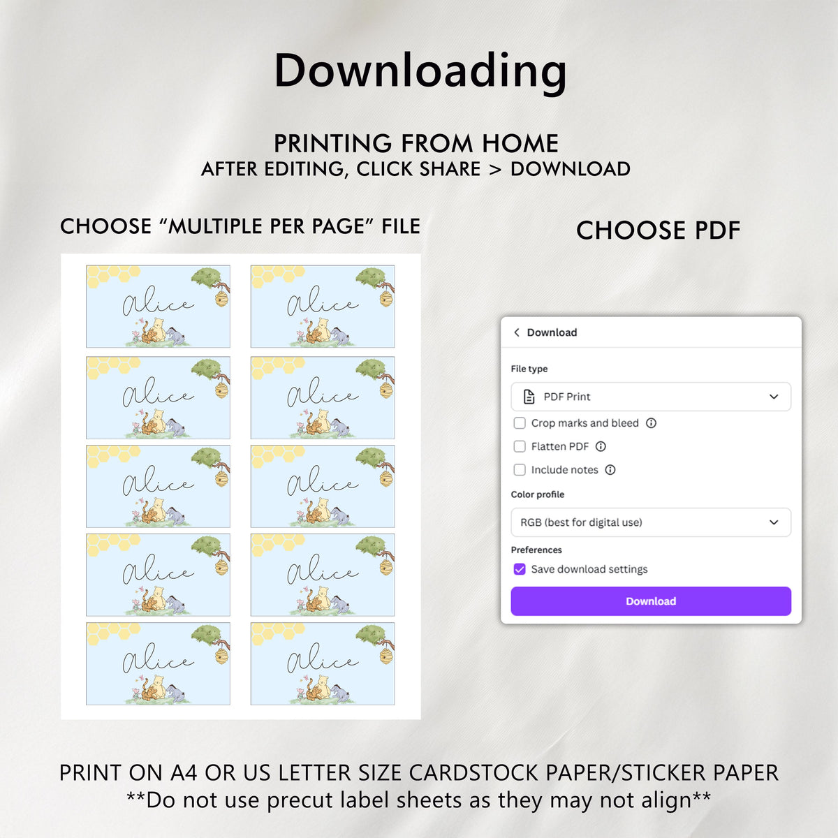 Blue Winnie the Pooh Place Card Template Printable, Editable Place Cards