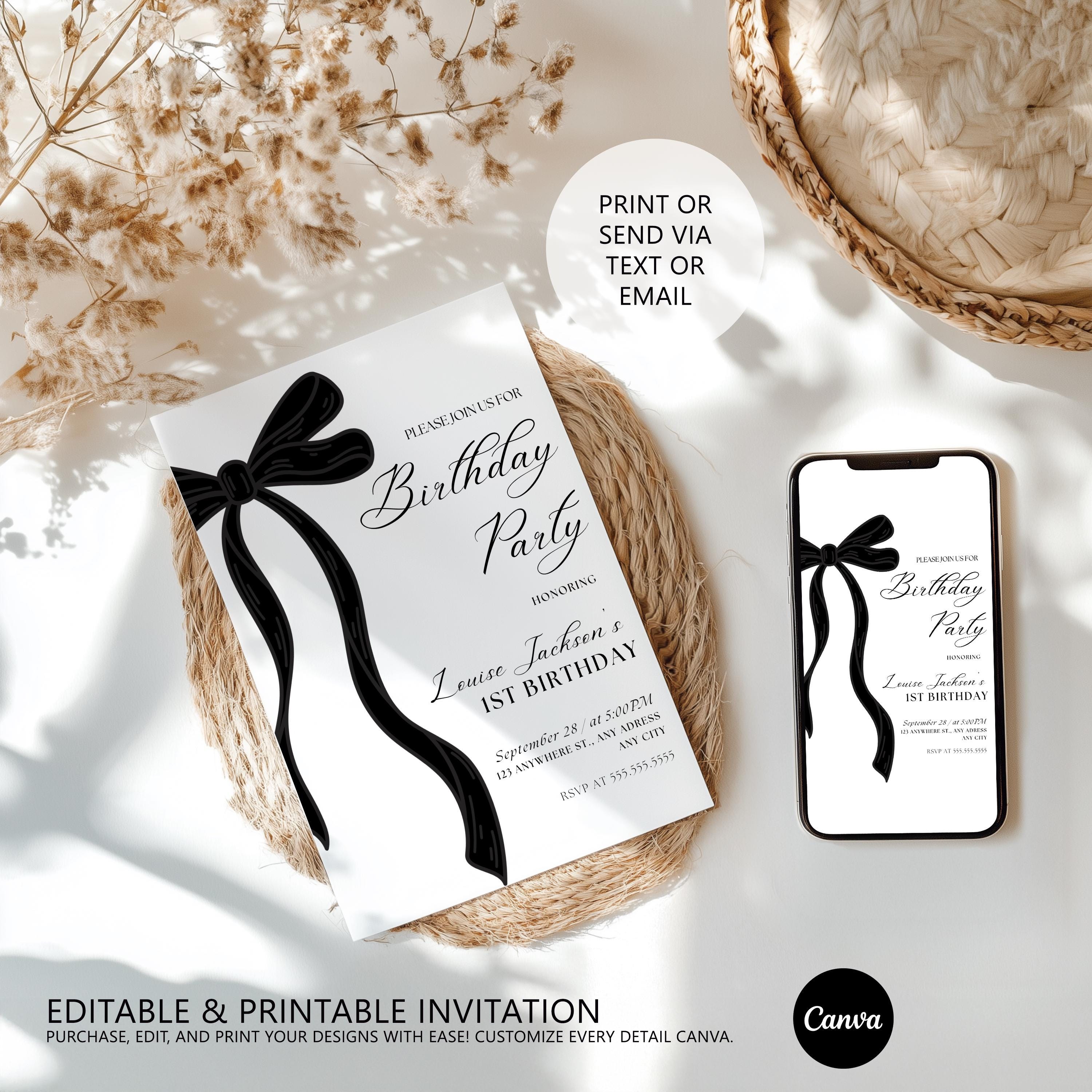 Black Bow First Birthday Invitation, Gender neutral Invite, 1st Birthday Party Invitations 9174