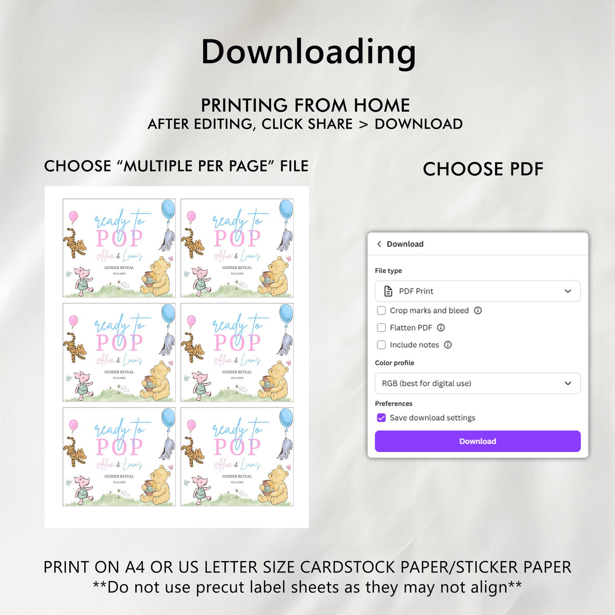 Winnie the Pooh Gender Reveal Champagne Labels, Baby Shower Printable Wine Labels