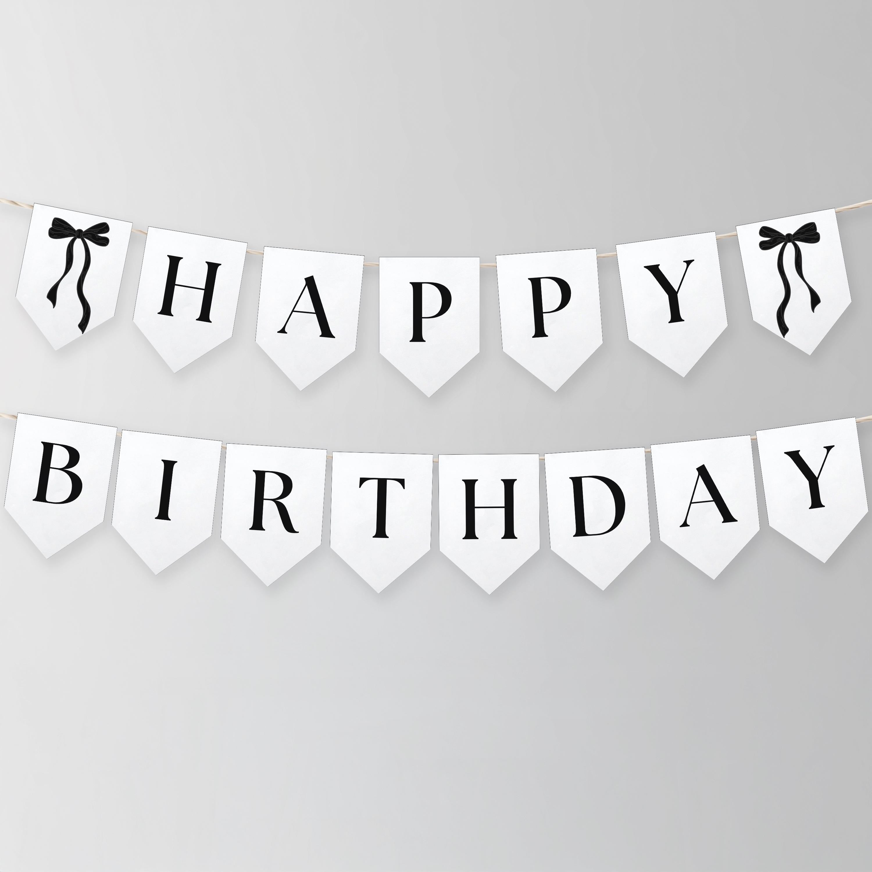 Black Bow Minimalist Birthday Banner, Coquette Happy 1st Birthday Banners, Gender neutral Flags, 9174