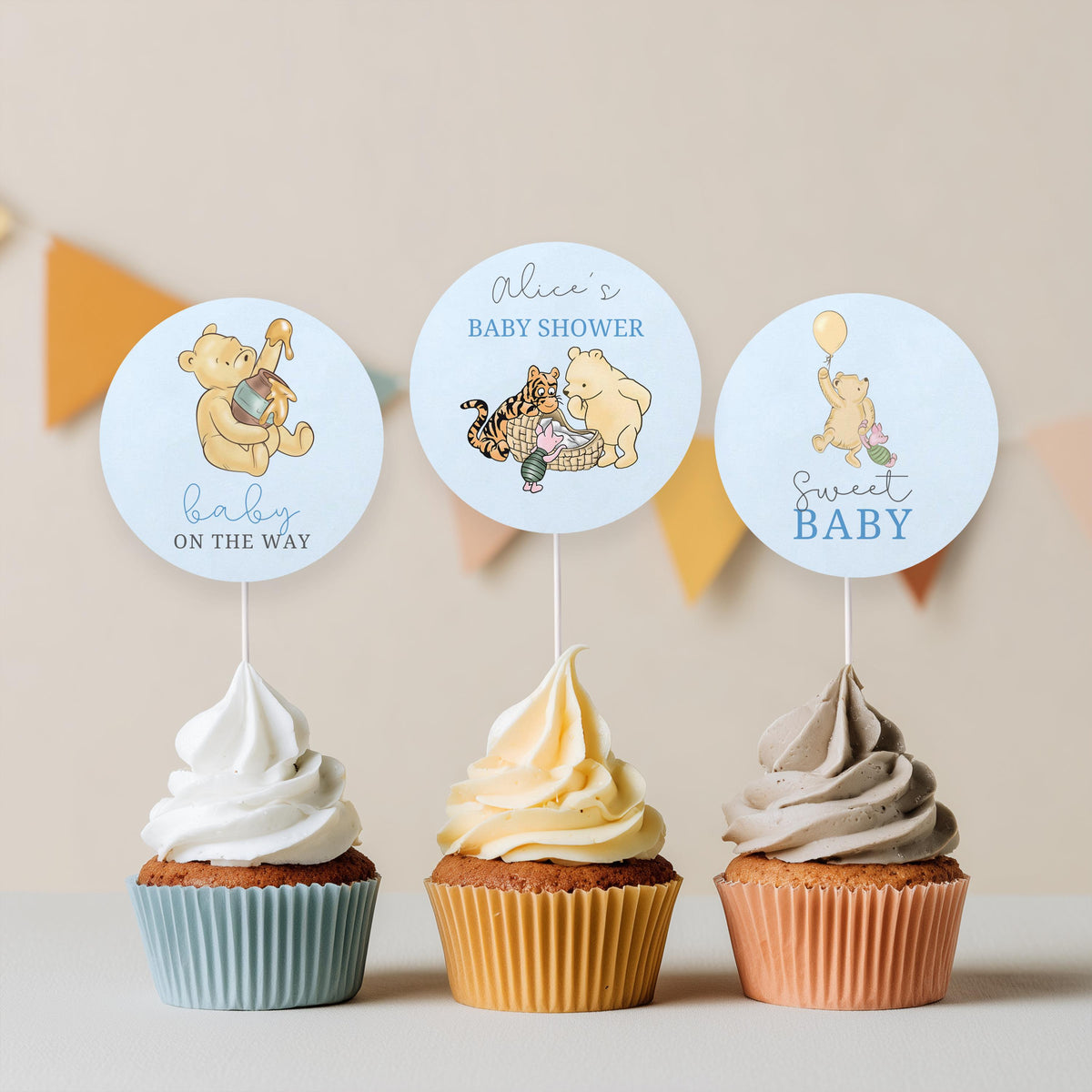 Blue Winnie the Pooh Baby Shower Cupcake toppers, Party Cake topper