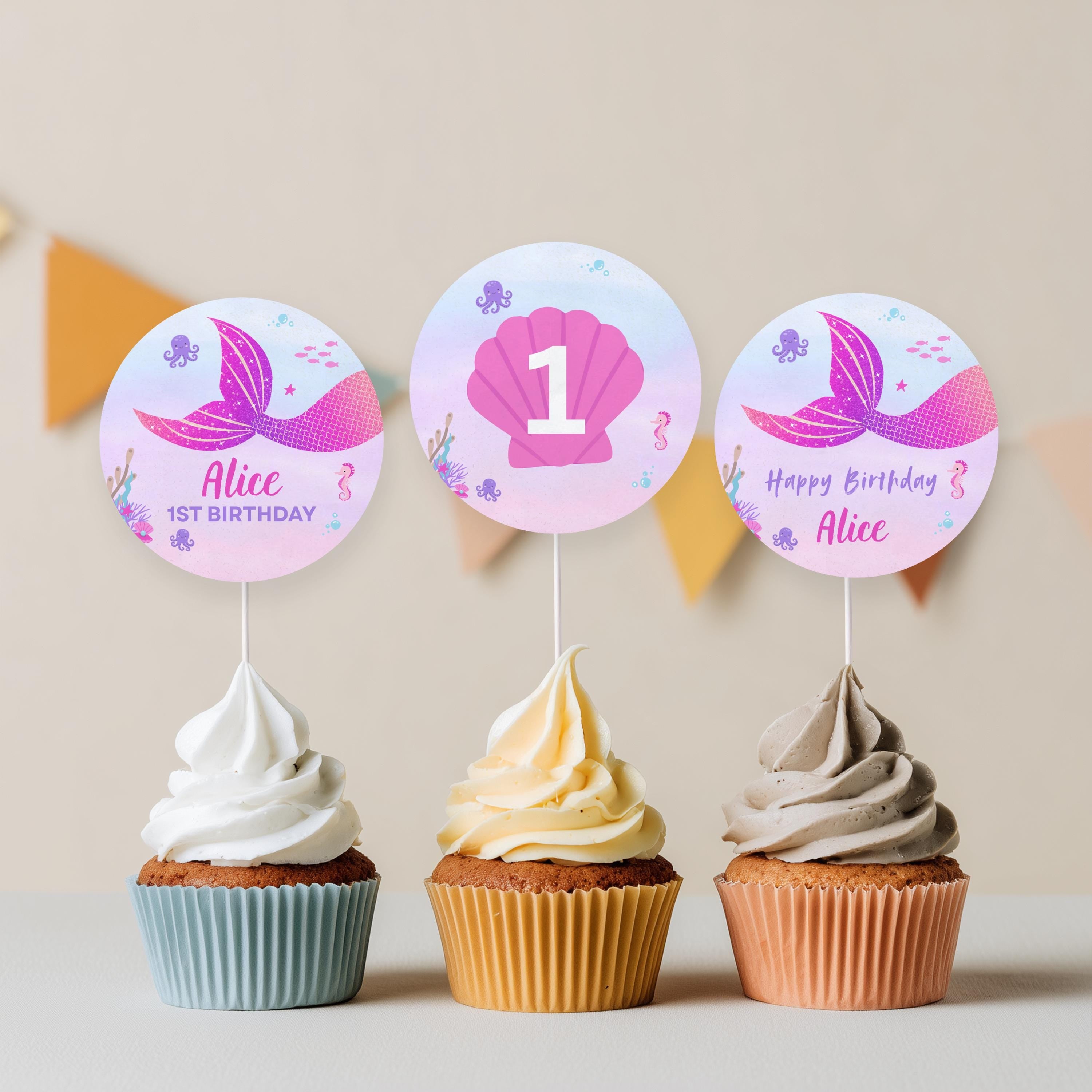 Mermaid Cupcake Toppers, Mermaid 1st Birthday, Mermaid First Cupcake Toppers, Mermaid Birthday Cupcake, Pink Mermaid Birthday 9168