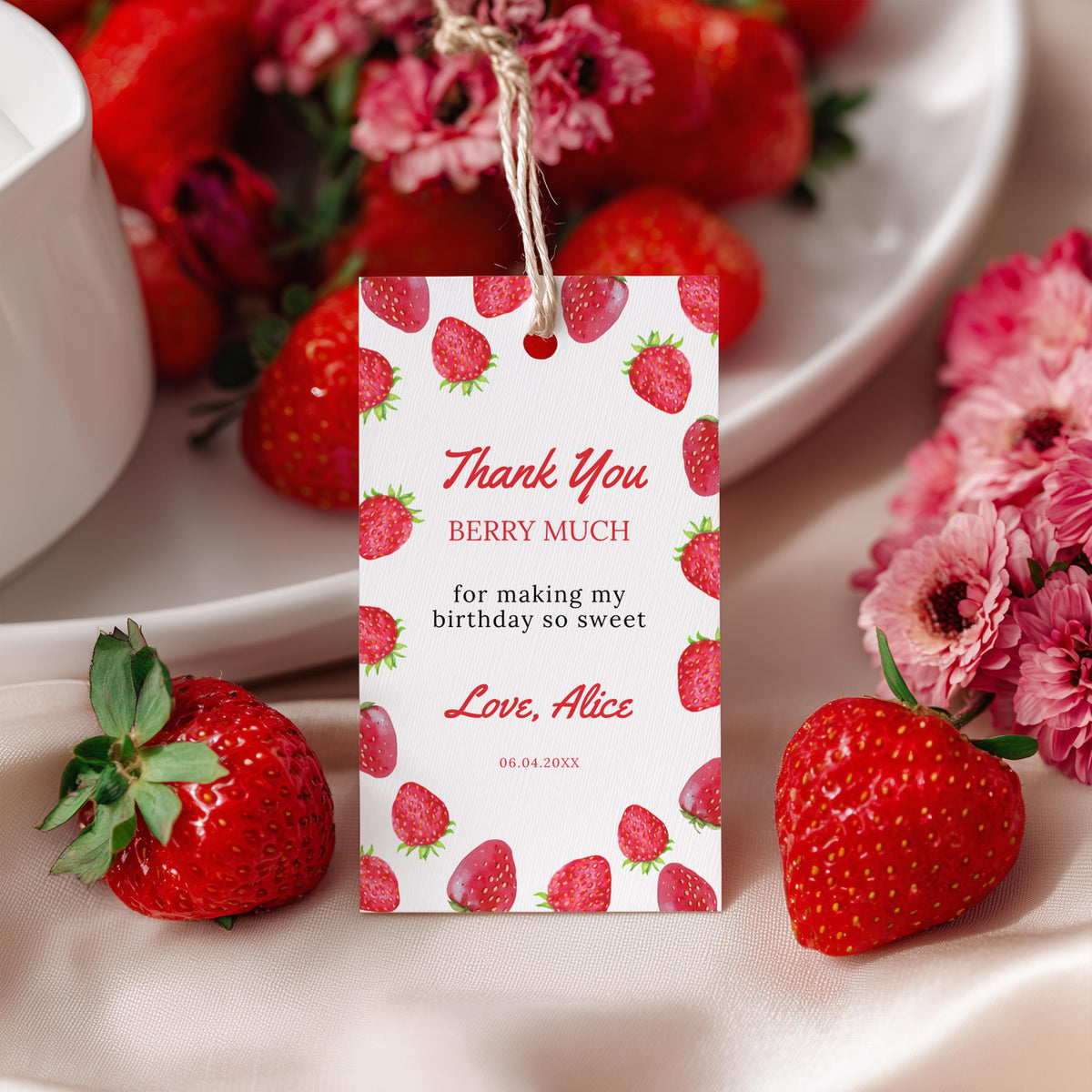 Berry First Favor Tags, Strawberry Birthday Thank You Tags, Printable Gift Tag