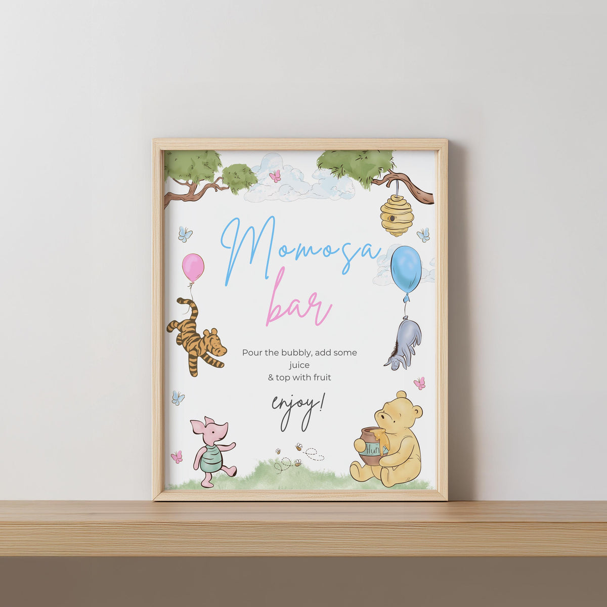 Winnie the Pooh Gender Reveal Mimosa Bar Sign, Momosa Bar Baby Shower Juice Tags