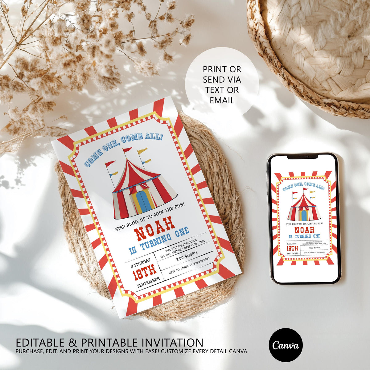 Circus Invitation Template, Carnival 1st Birthday Invite