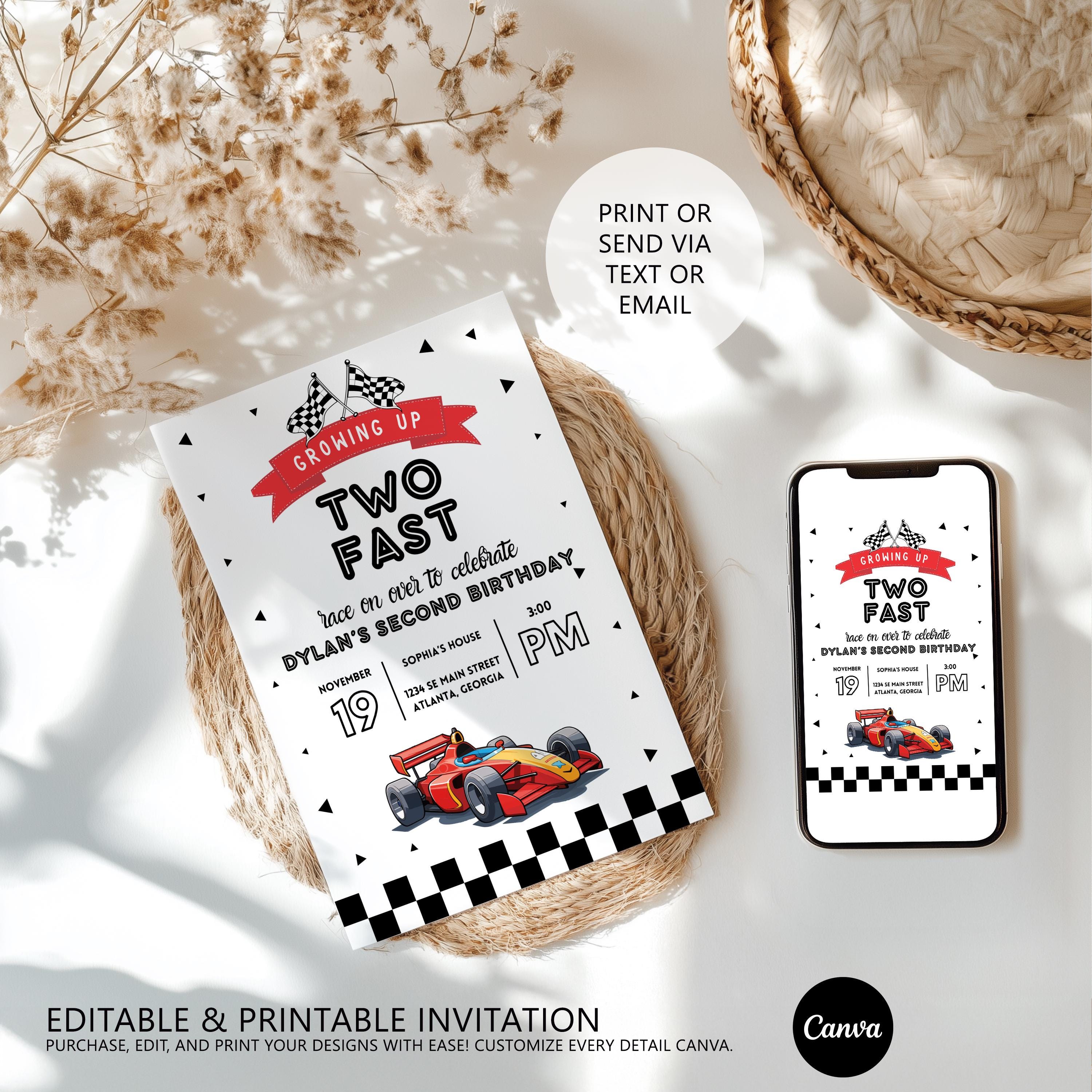 Growing Up Two fast Birthday Invitation, Race Car Party Invite, Racing Red Car 9179