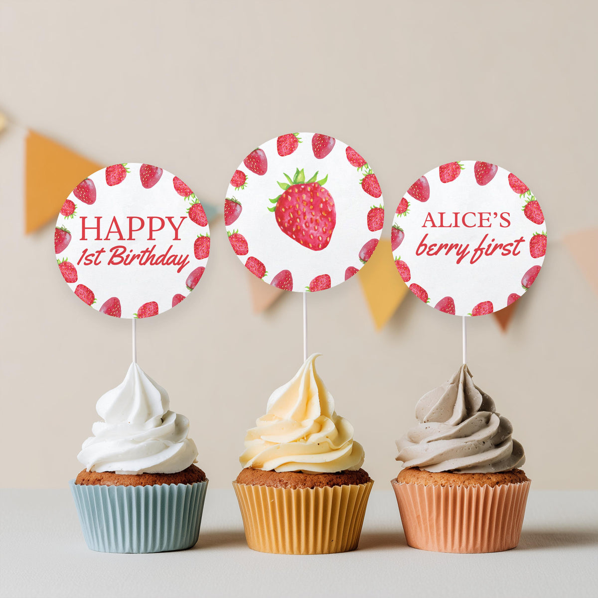 Berry First Cupcake Topper, Strawberry 1st Birthday Cupcake Toppers