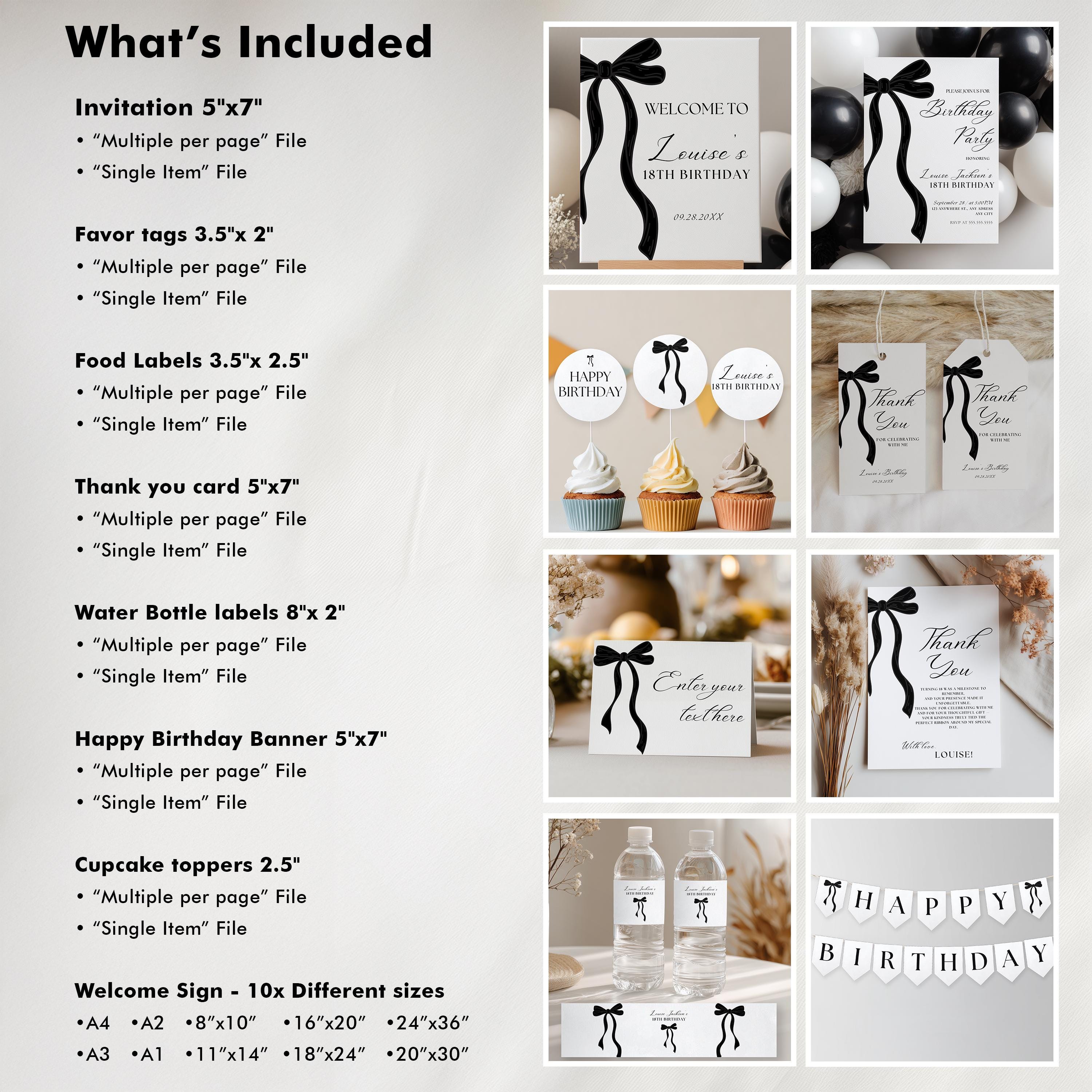 18th Party Decoration | 18th Birthday Bundle | Adult Black Bow Eighteenth Minimalist Decorations | Download 9173