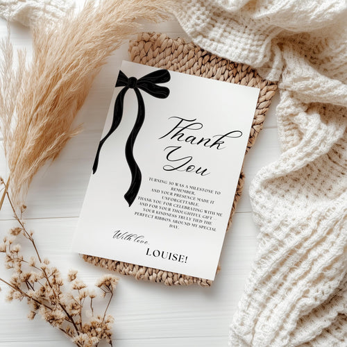 30th Black Bow Thank You Card Template, Thanks Printable Card 9177