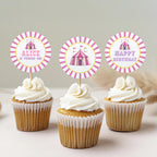 Pink Circus Cupcake Topper, 1st Birthday Cupcake Toppers