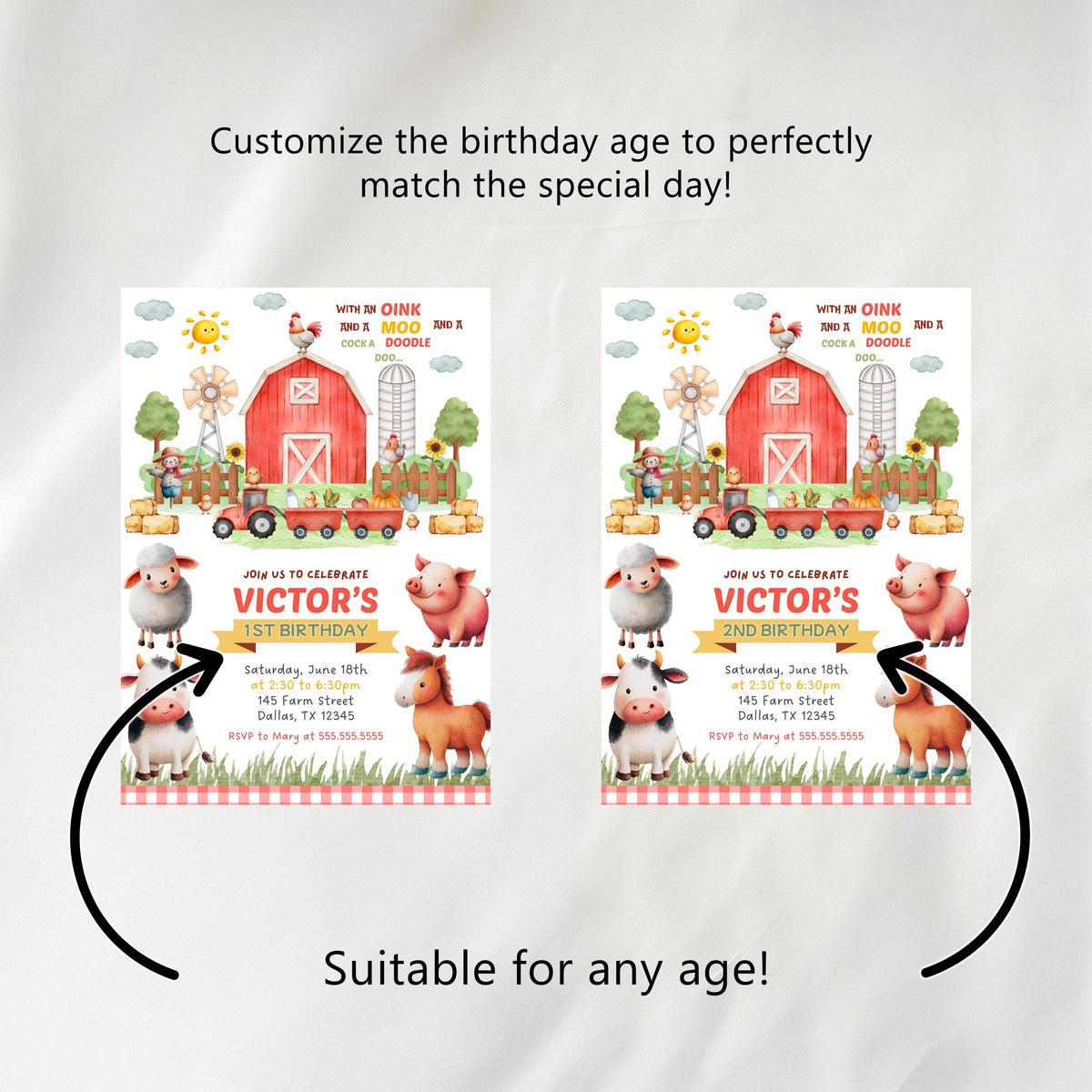 Farm First Birthday Bundle, Barnyard Party Decorations , 1st Birthday Invitation Set