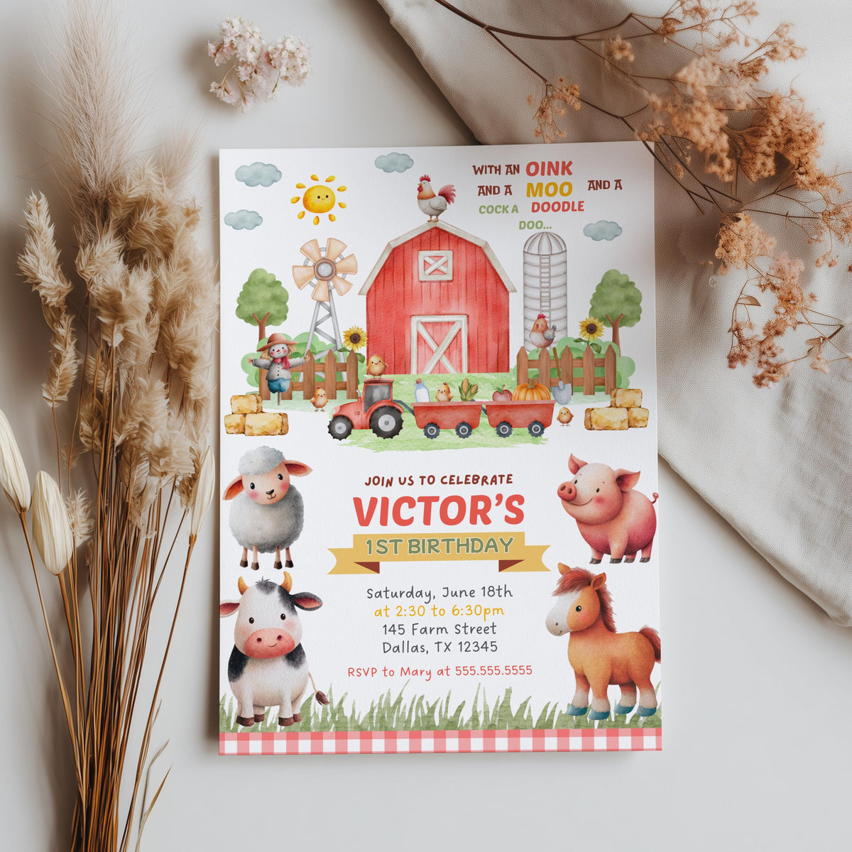 Farm Birthday Invitation, Barnyard Farm Animals Invite, Canva Template