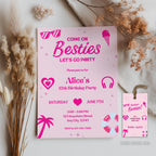 Hot Pink Doll Summer Birthday Invitation,Hot Pink Summer Birthday Invite,Hot Pink Pool Party Birthday Invitation Template