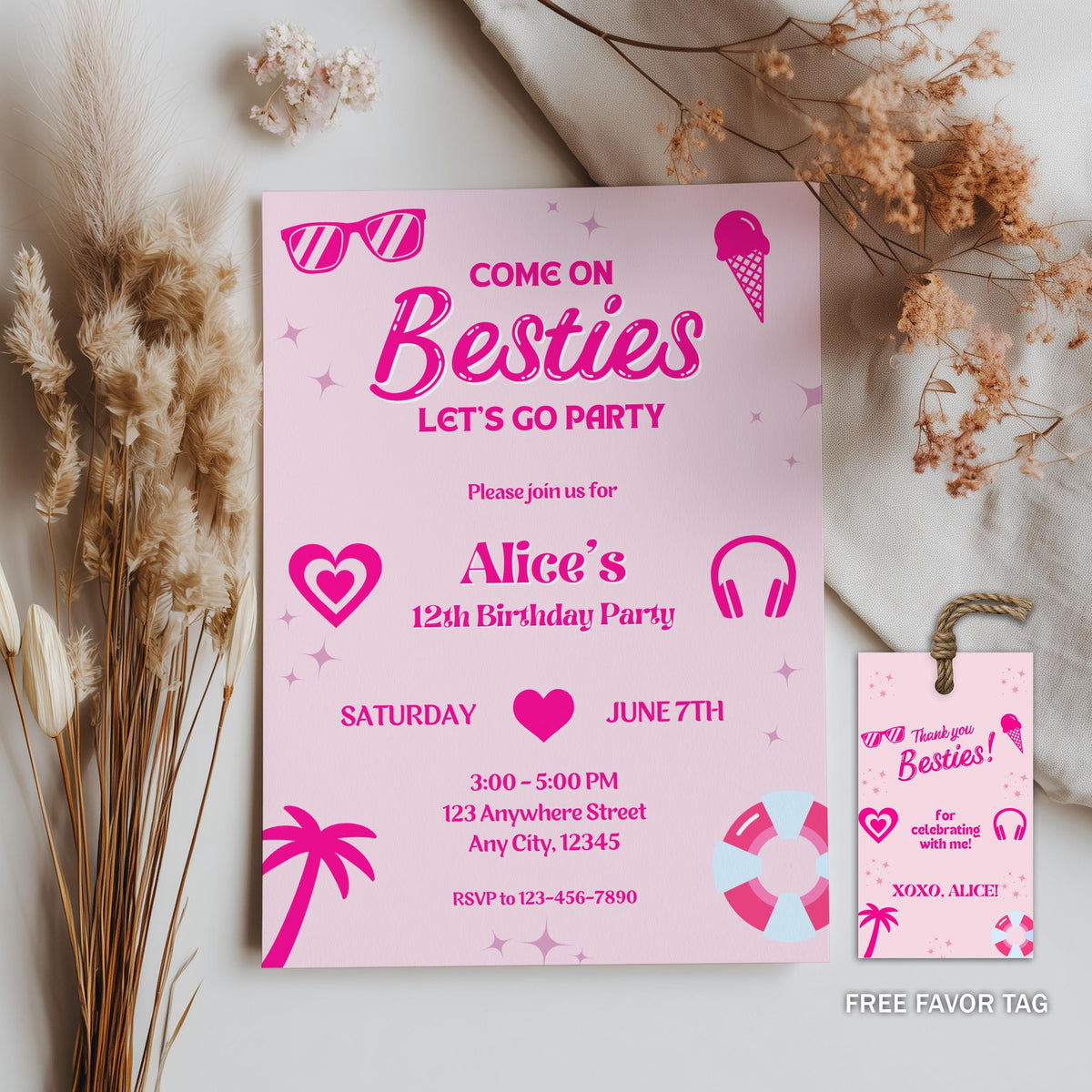 Hot Pink Doll Summer Birthday Invitation,Hot Pink Summer Birthday Invite,Hot Pink Pool Party Birthday Invitation Template