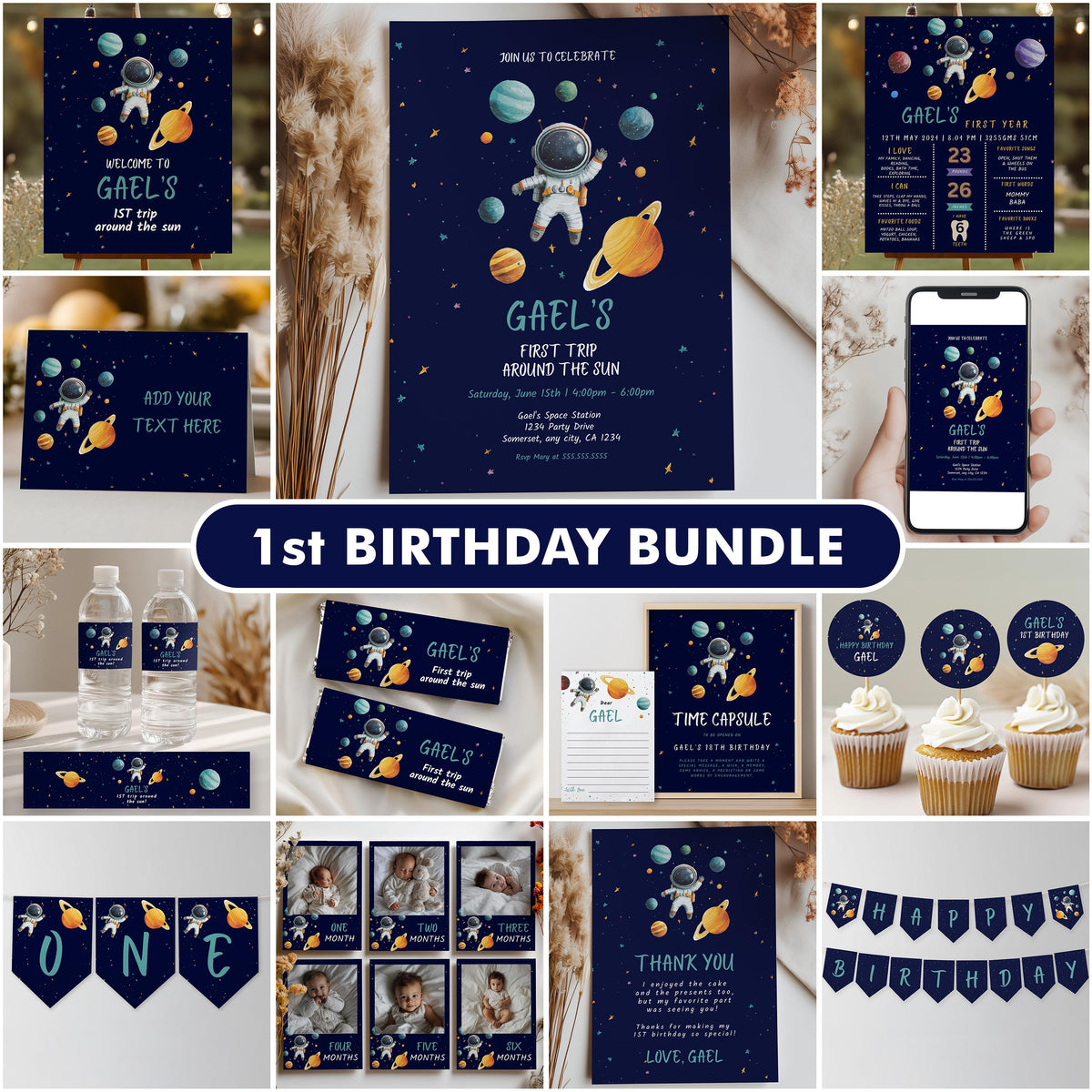 Astronaut First Birthday Invitation, Astronaut 1st Birthday Boy, Outer Space Decorations, Astronaut Party Bundle