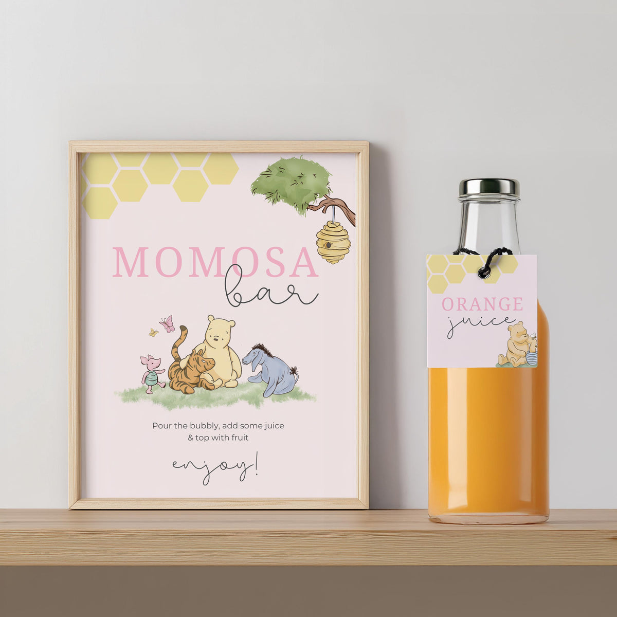 Pink Winnie the Pooh Mimosa Bar Sign, Momosa Bar Baby Shower Juice Tags