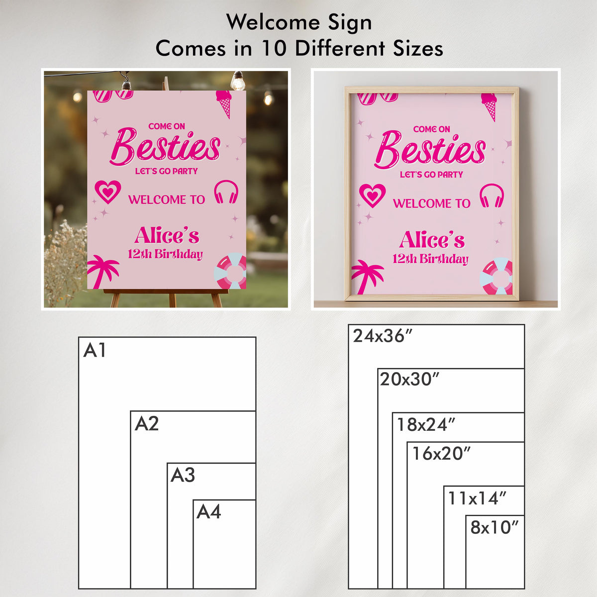 Editable Hot Pink Doll Summer Party Decorations, Pink Pool Party Package Birthday Bundle, Birthday Party Set Template Instant Download