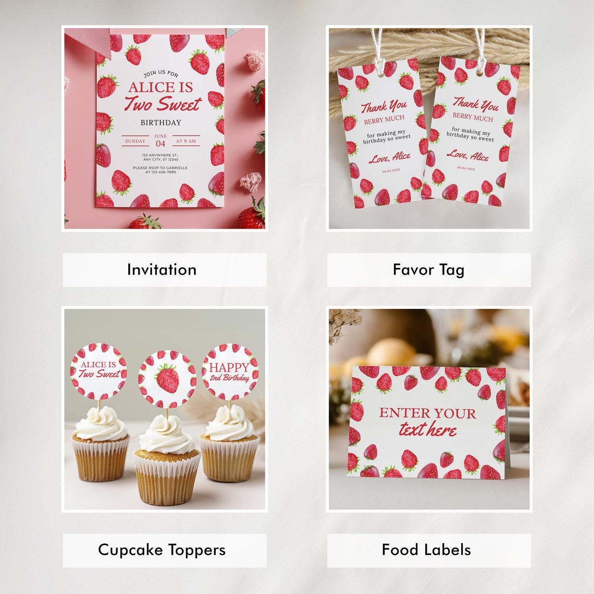 Editable Two Sweet Birthday Party Decorations | Strawberries Printable Party Bundle