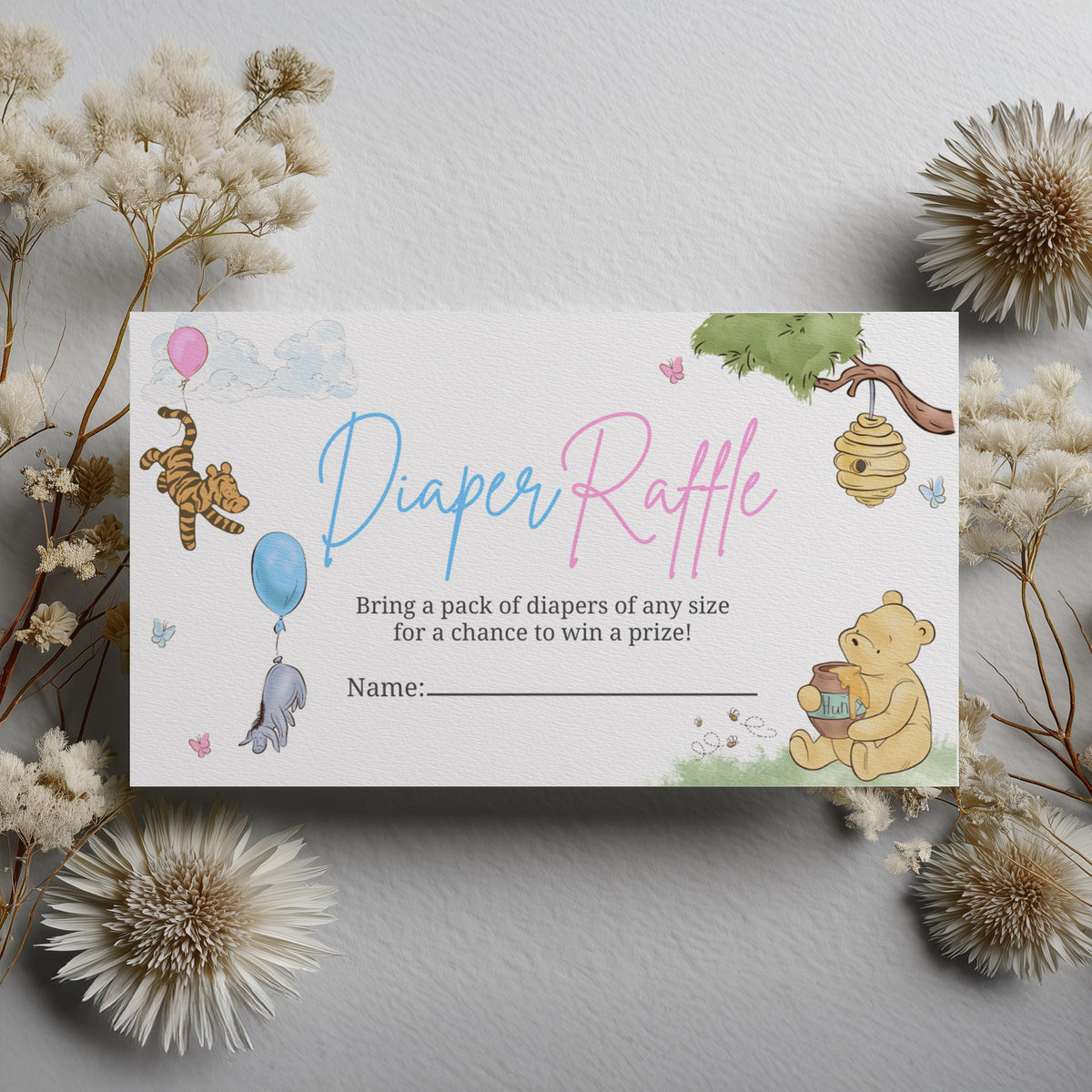 Winnie the Pooh Gender Reveal Diaper Raffle Card, Printable Baby Shower Nappy Raffle Cards