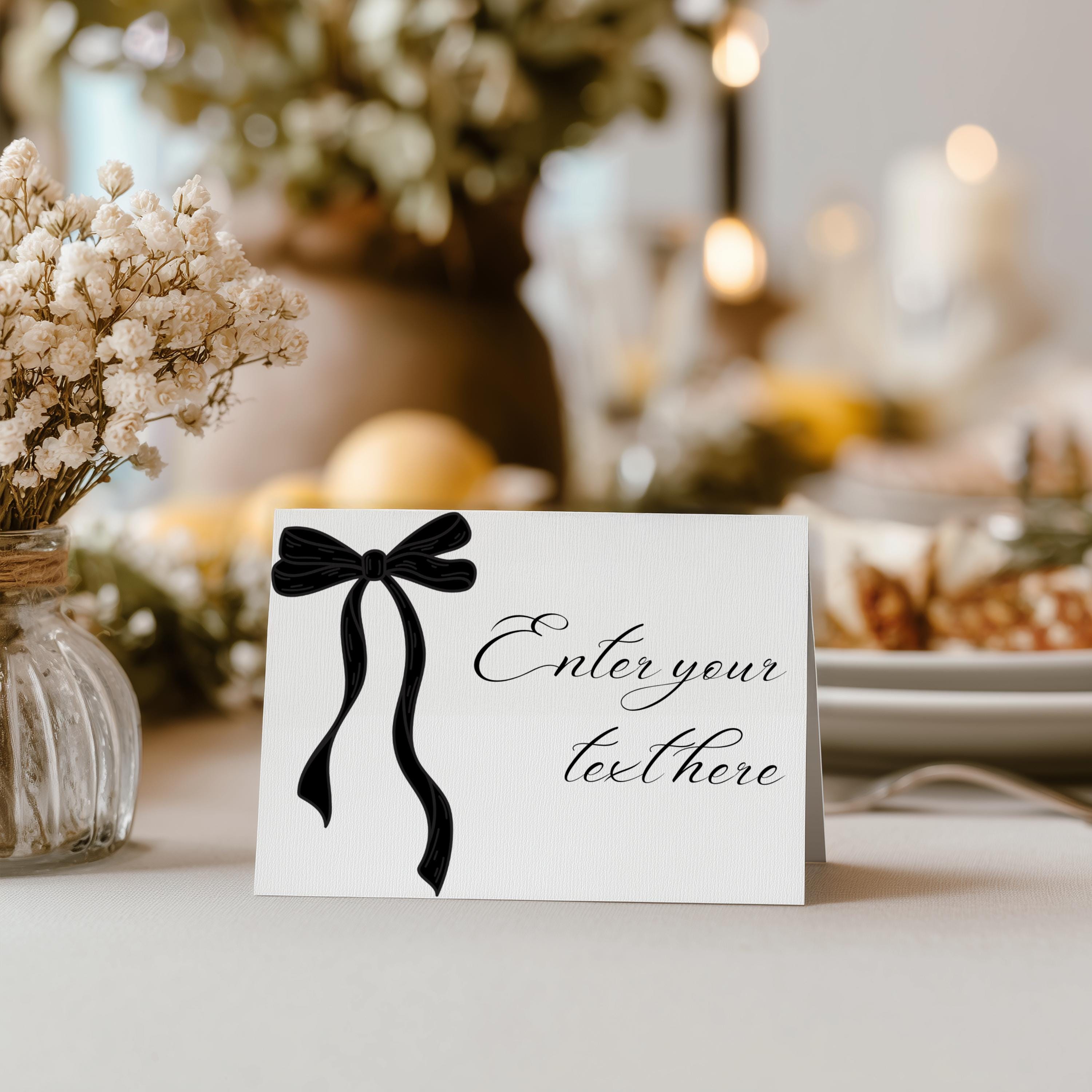 Black Bow Minimalist Food Labels, Coquette Gender neutral Tent Cards, Birthday Food Tags 9174