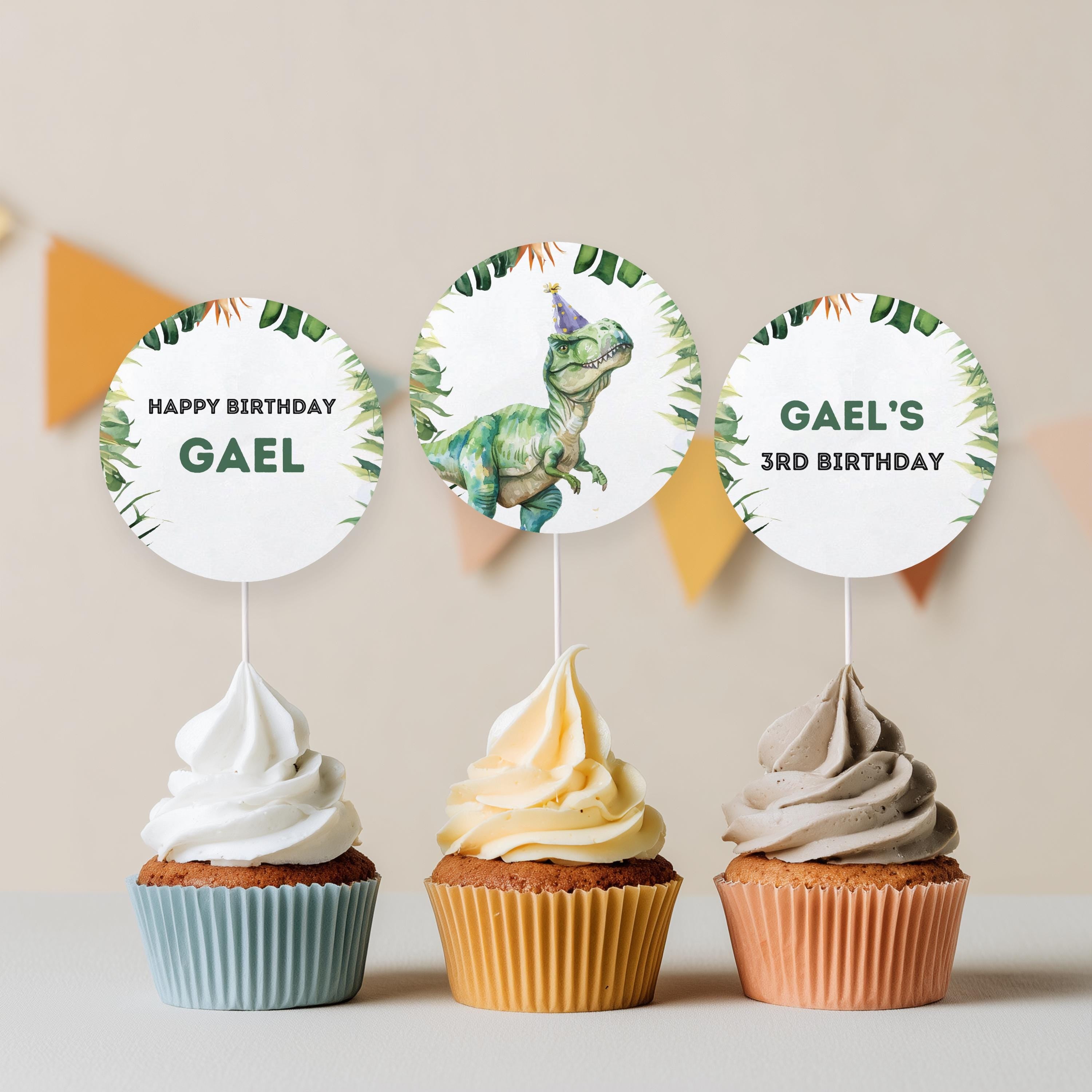 Editable Dinosaur 3rd Birthday Cupcake Toppers | Dinosaur Three Rex Party Cake Toppers | Dinosaur Birthday Decorations | Download 9014