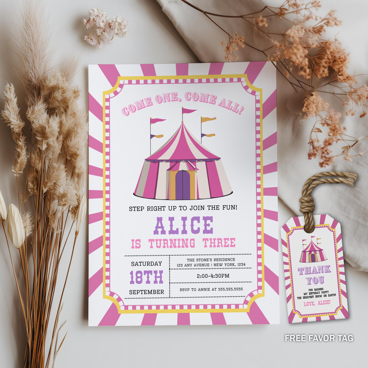 Girl Circus Invitation , Pink Carnival Birthday Invite