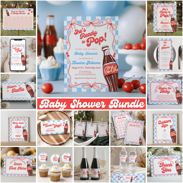 Ready to Pop Baby Shower Bundle, Soda Invitation Games, Party Set Decoration