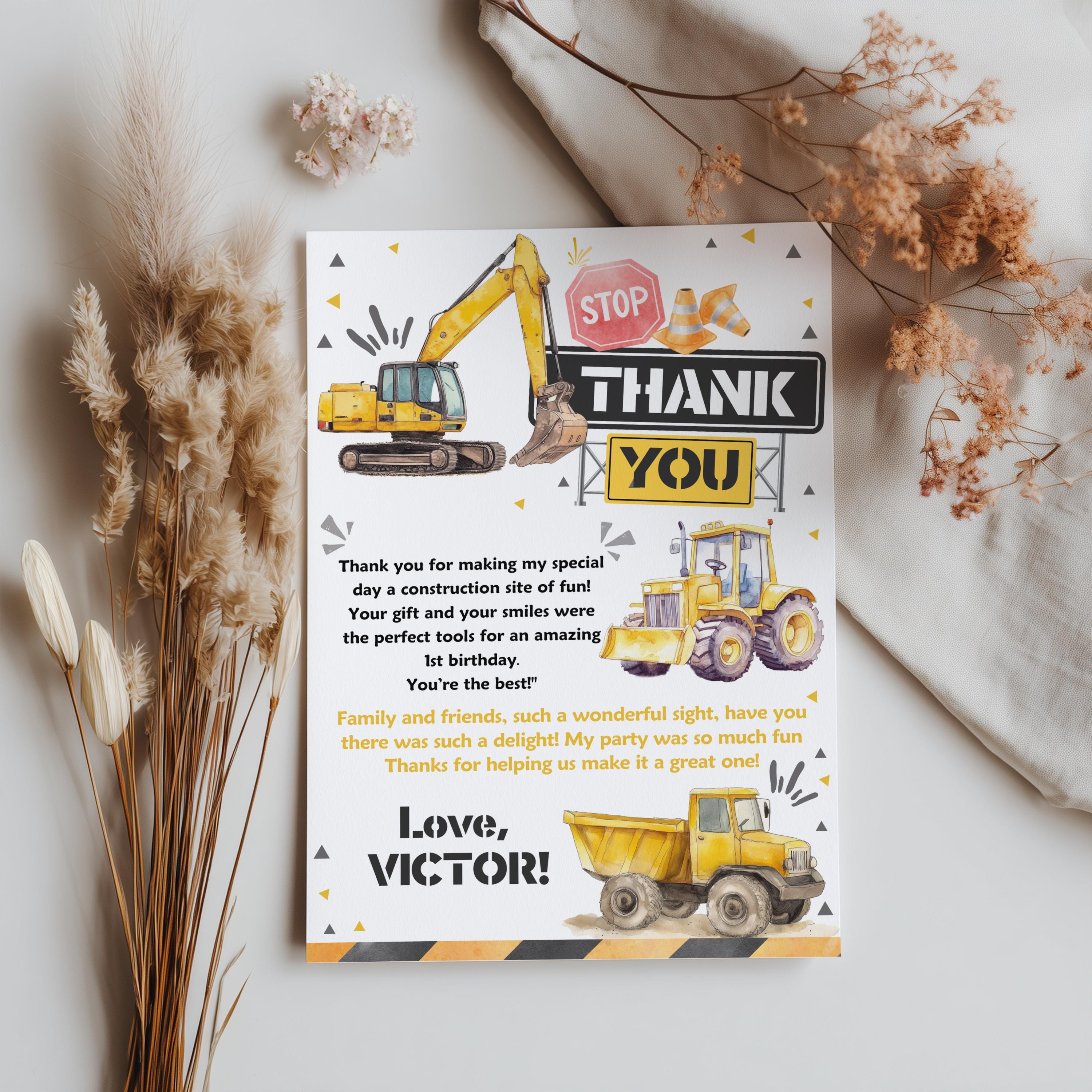 Editable Construction Thank you card, Construction Birthday Note card, Dump Truck Party, Printable template Digital Instant download 9164