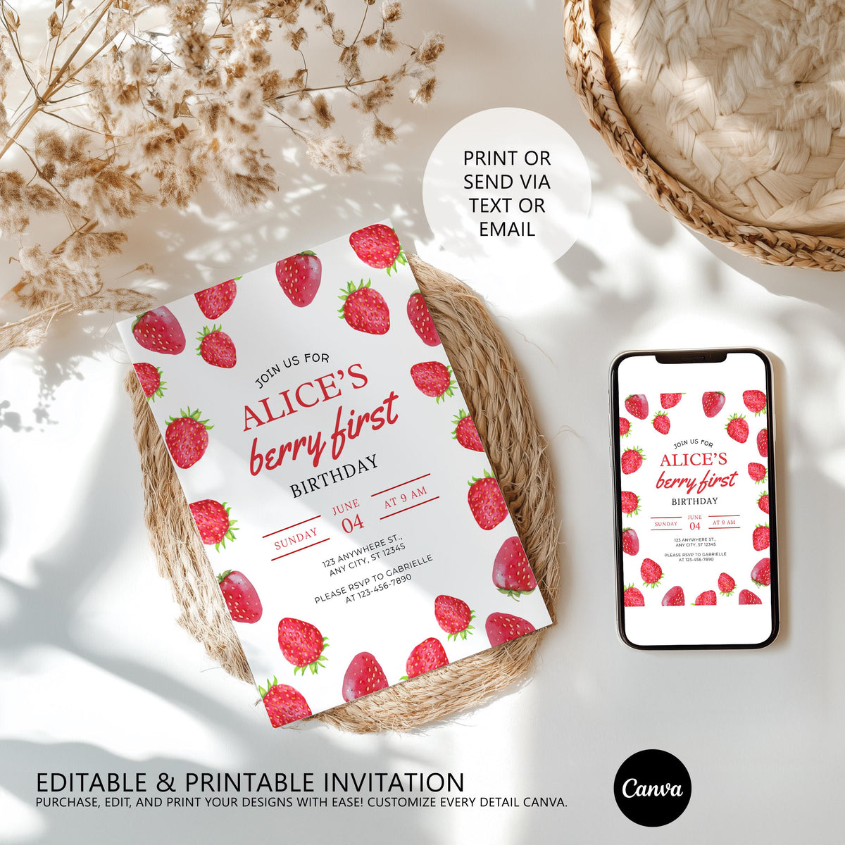 Strawberry Invitation , Berry First Birthday Invite