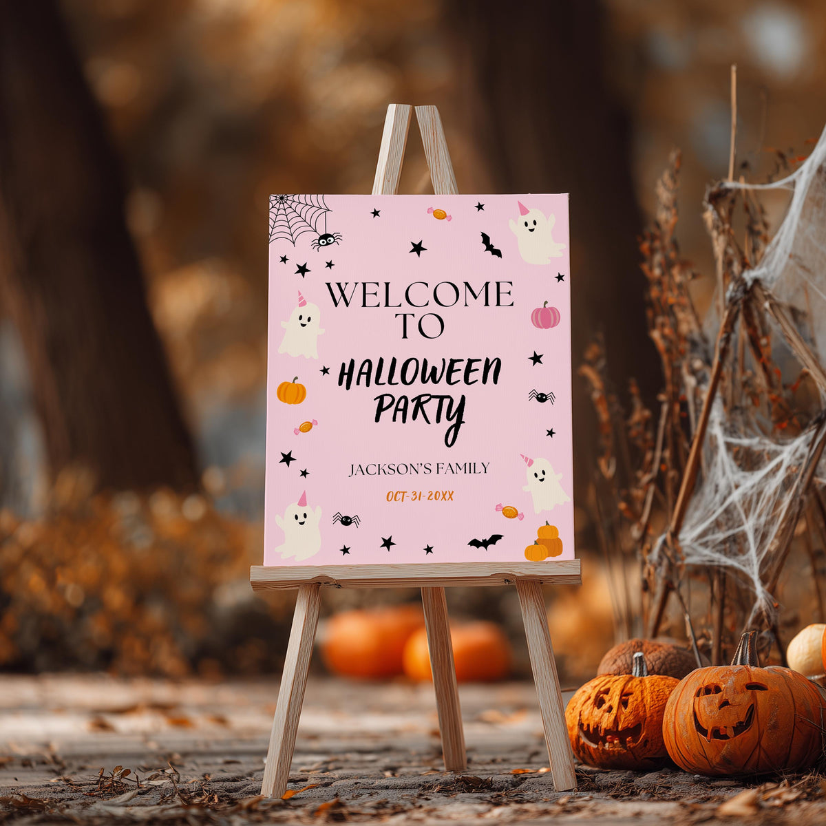 Girl Halloween Welcome Sign, Pink Ghost Halloween, Download Template