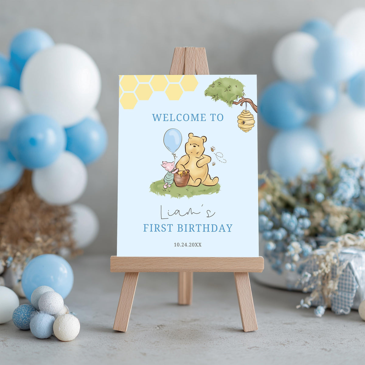 Blue Winnie the Pooh Welcome Sign, Birthday Sign