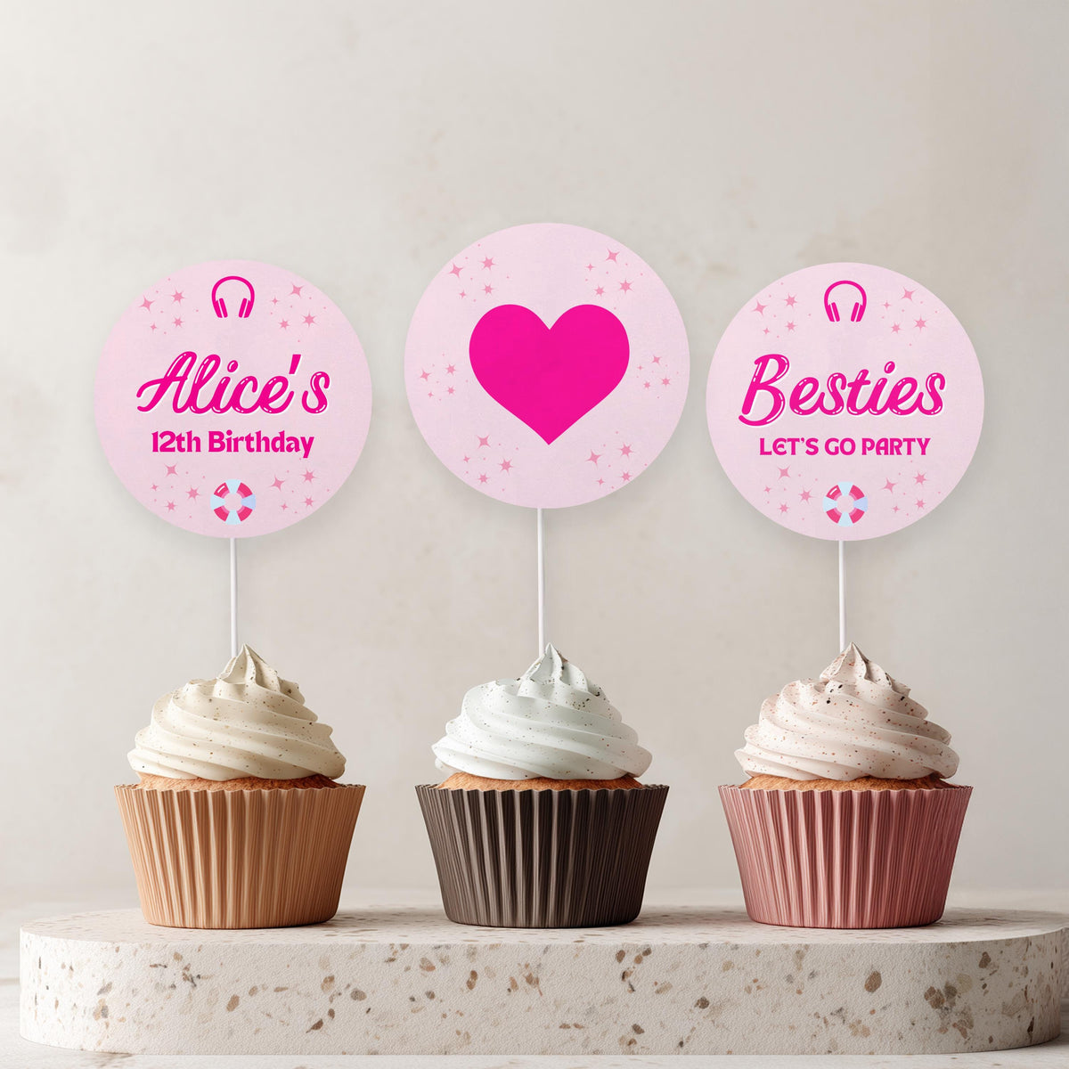 Editable Hot Pink Doll Summer Birthday Cupcake toppers, Pink Pool Party Party Cake toppers, Template printable Instant Digital download