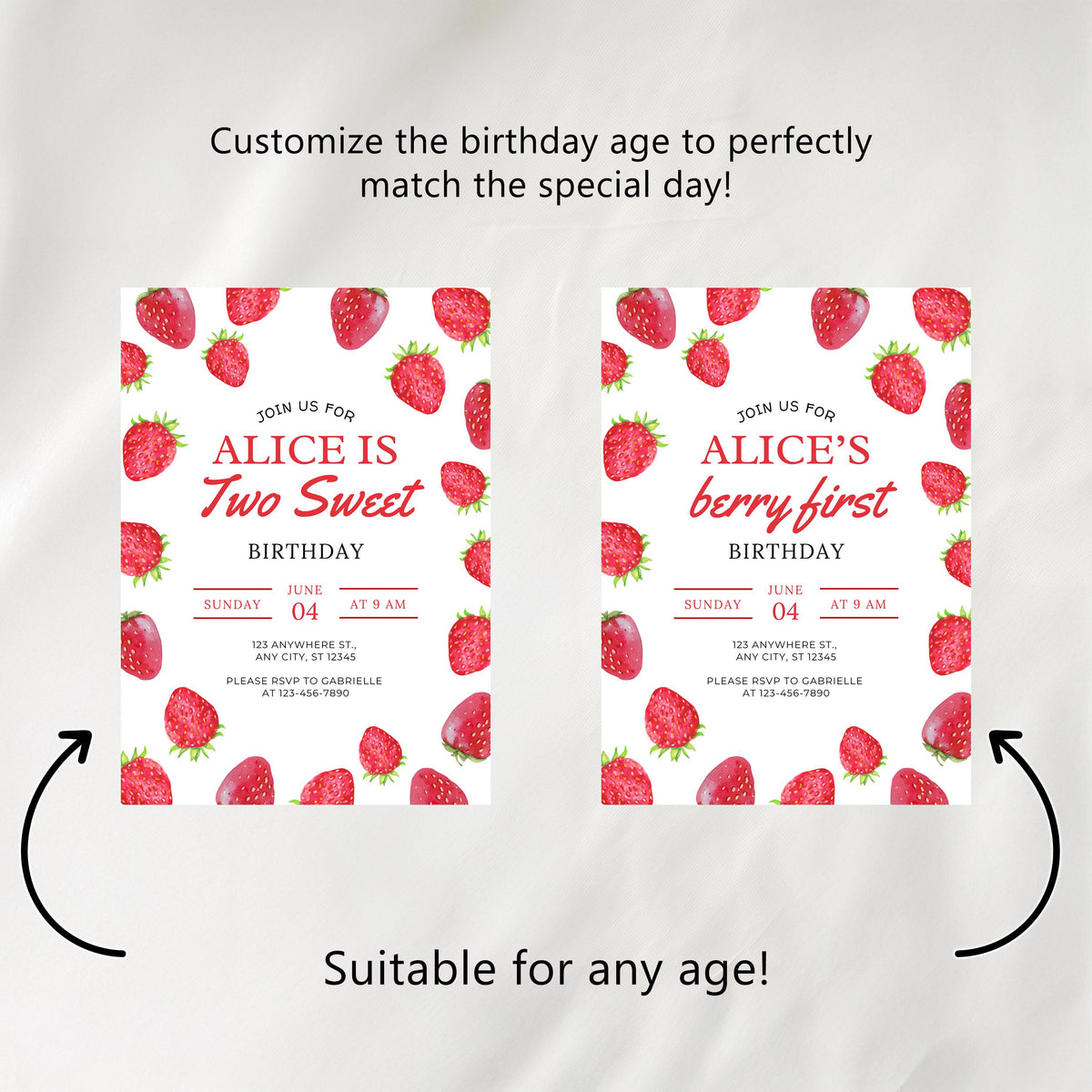 Editable Two Sweet Birthday Party Decorations | Strawberries Printable Party Bundle