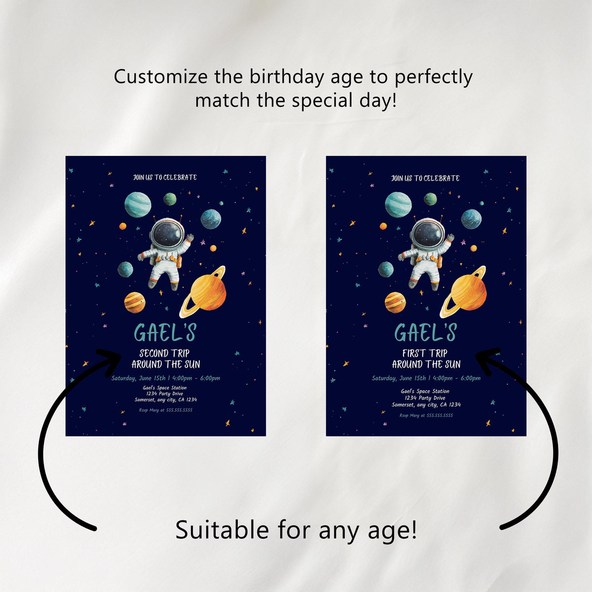 Astronaut Birthday Invitation | Second Trip Around the Sun | Editable Canva Template | Space Birthday Invite