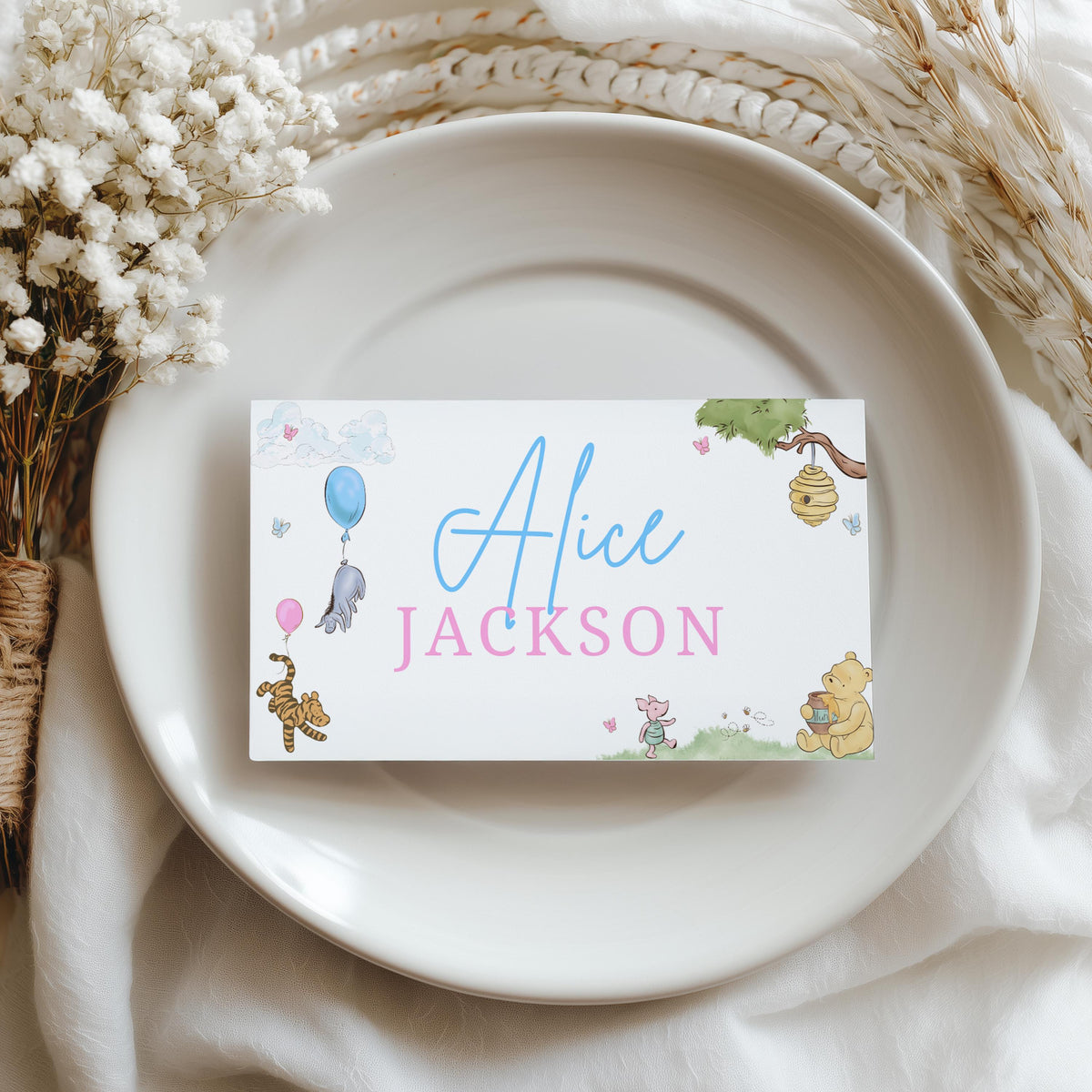 Winnie the Pooh Gender Reveal Place Card Template Printable, Baby Shower Editable Place