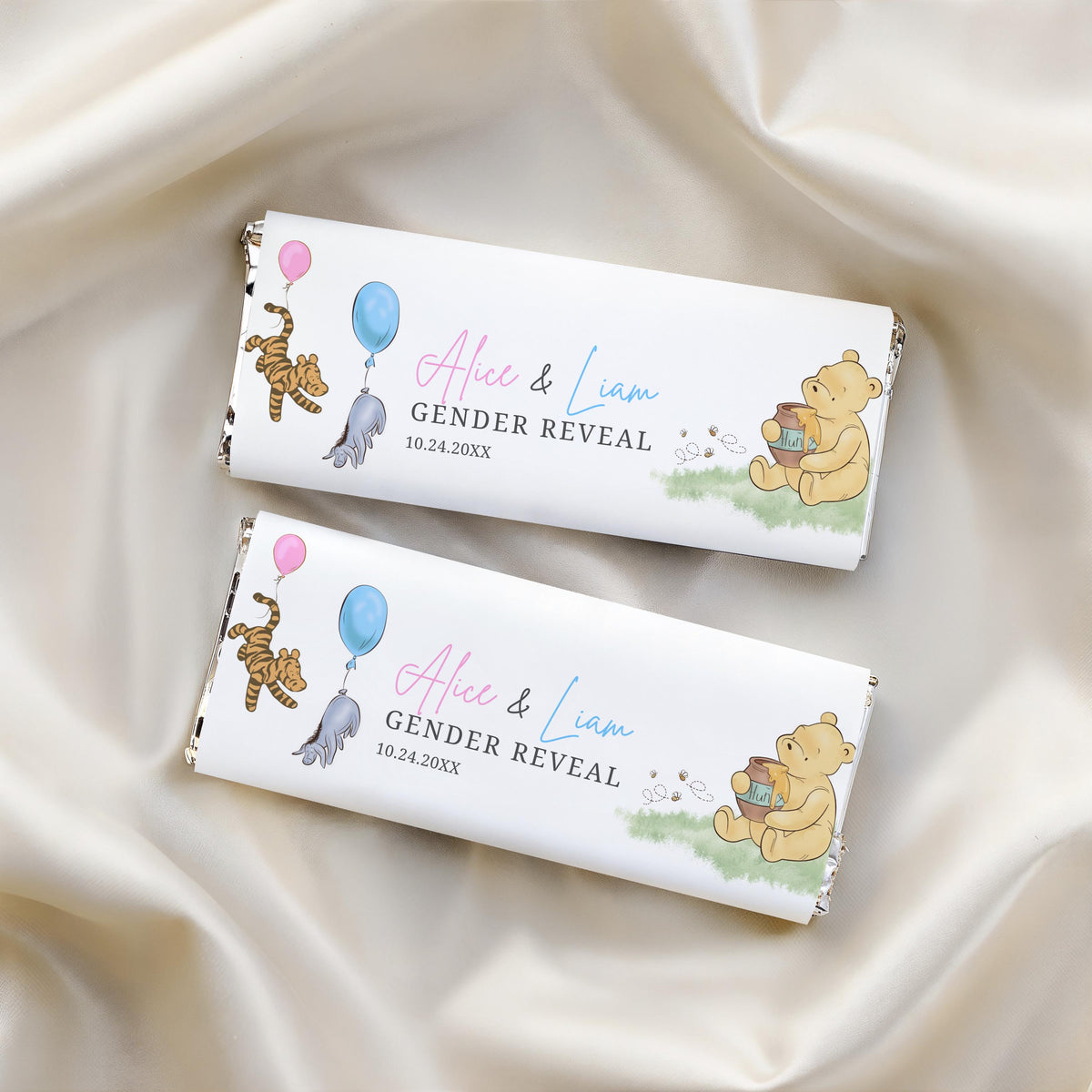 Winnie the Pooh Gender Reveal Chocolate Wrappers, Baby Shower Candy Bar Wrapper