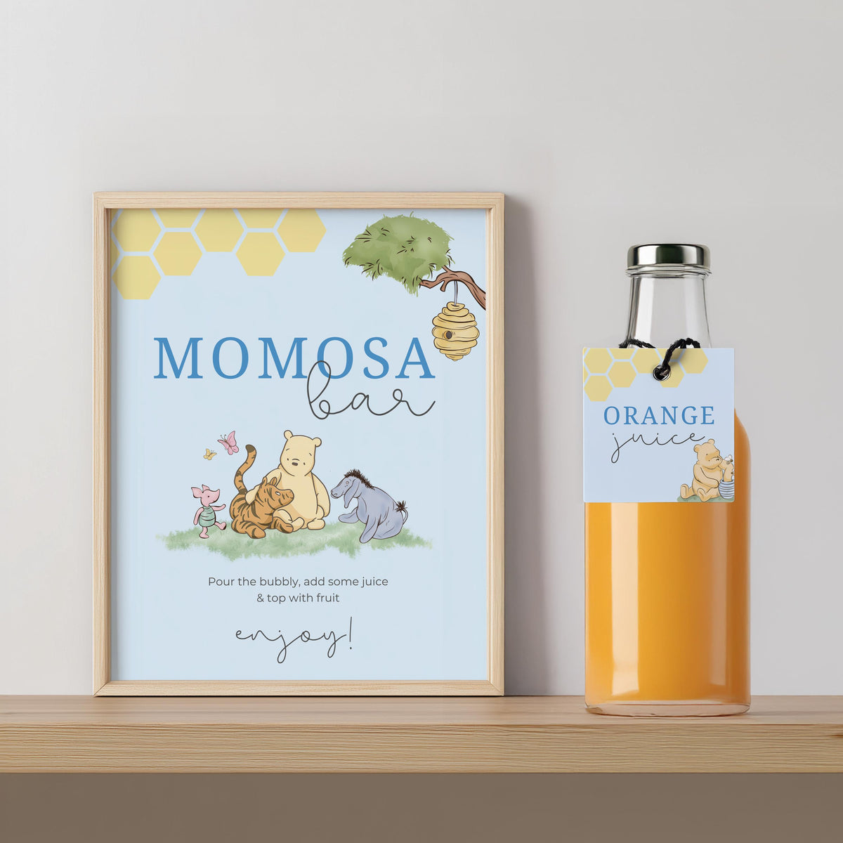 Blue Winnie the Pooh Mimosa Bar Sign, Momosa Bar Baby Shower Juice Tags