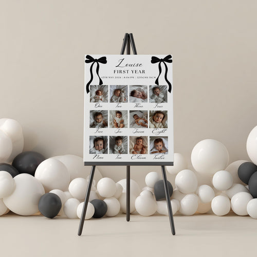 Black Bow Minimalist 1st Birthday Milestone Sign, Black Ribbon, Coquette, Gender neutral, 9174